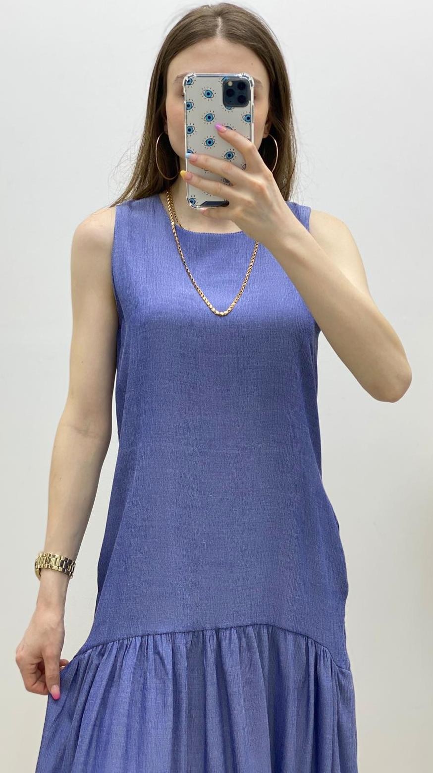 Eteği Volanlı Kolsuz Elbise Mavi