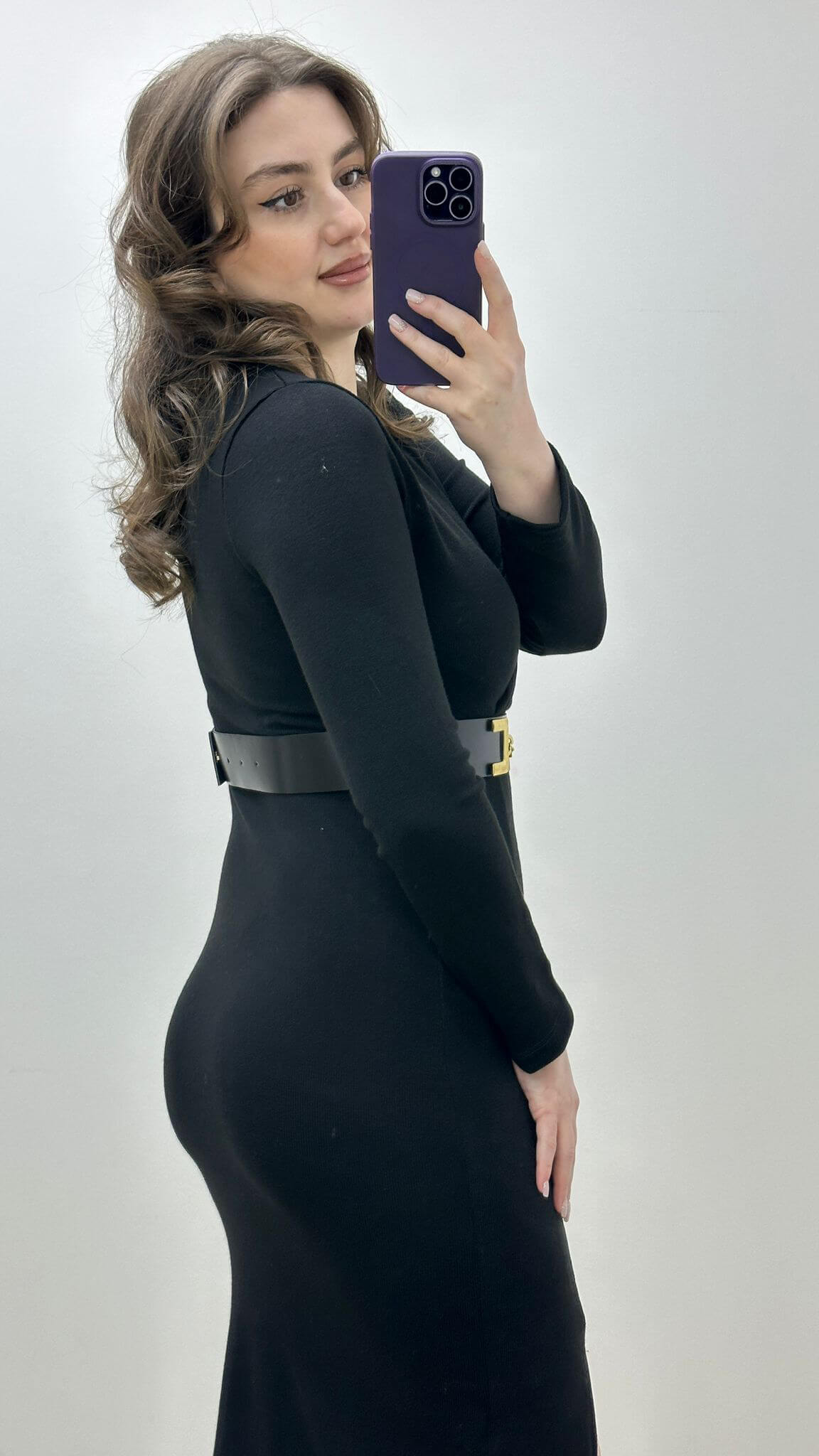 Zincir Kemerli Triko Elbise Siyah