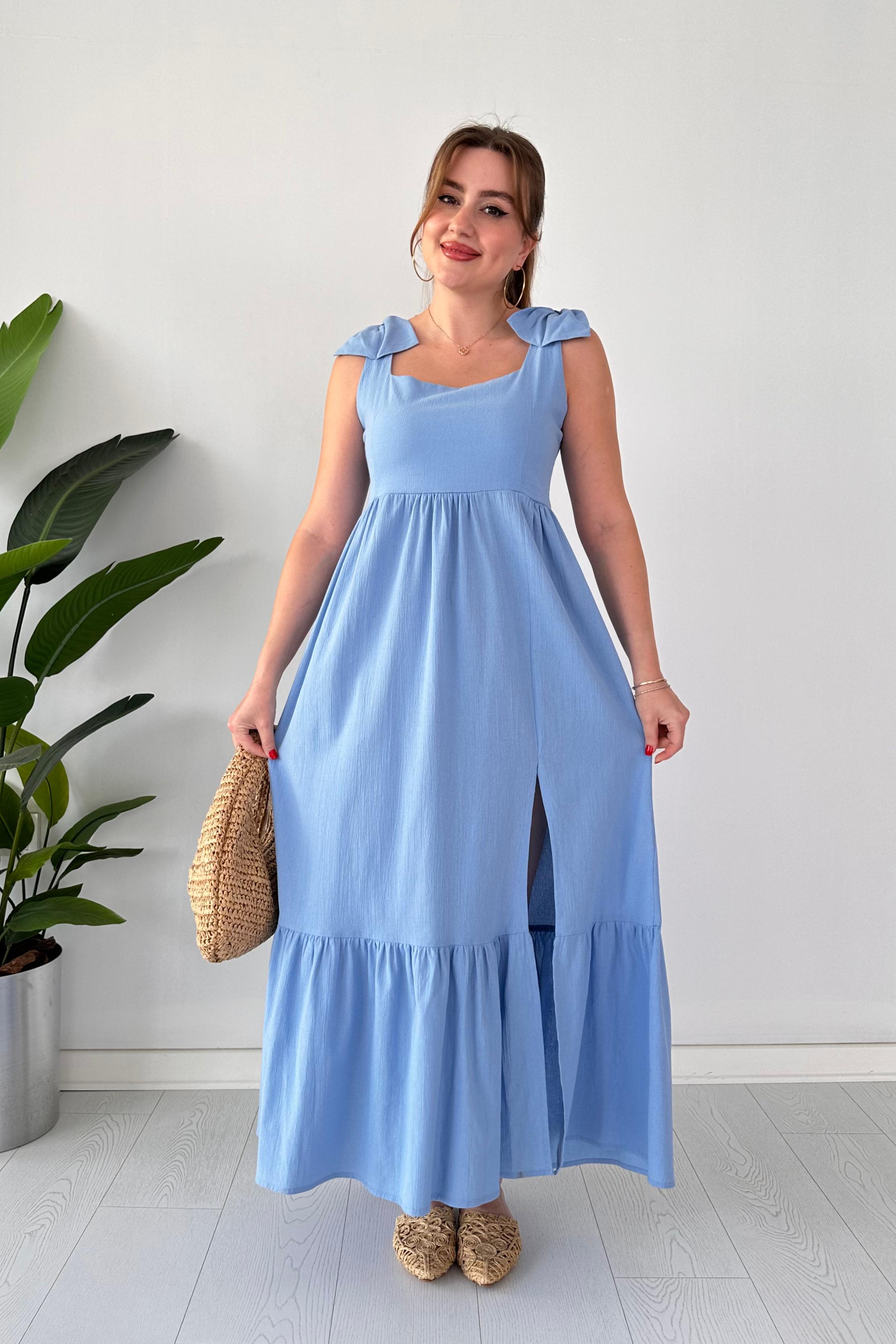 Omuz Fiyonk Keten Elbise