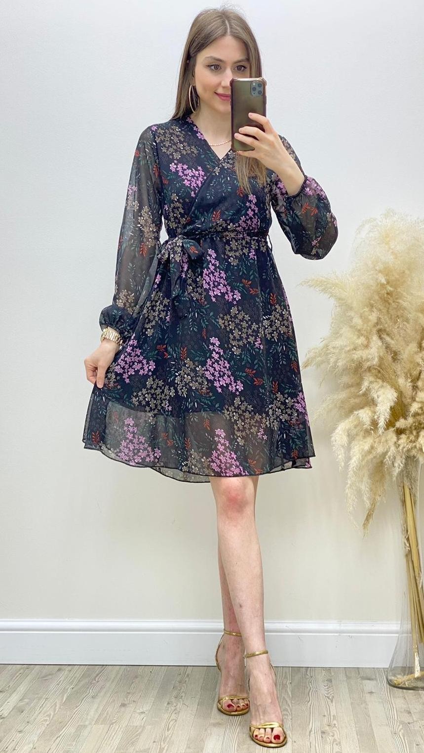 Sümbüllü Kruvaze Şifon Elbise Siyah