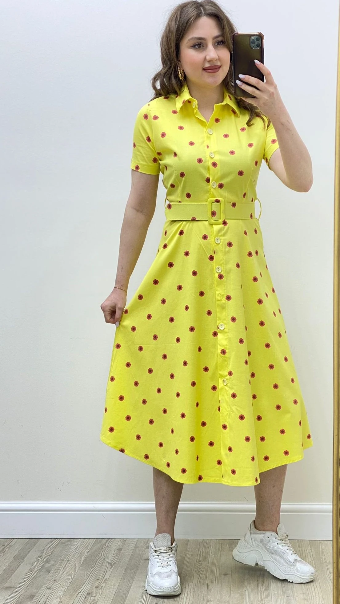 Pembe Papatya Gömlek Elbise Sarı