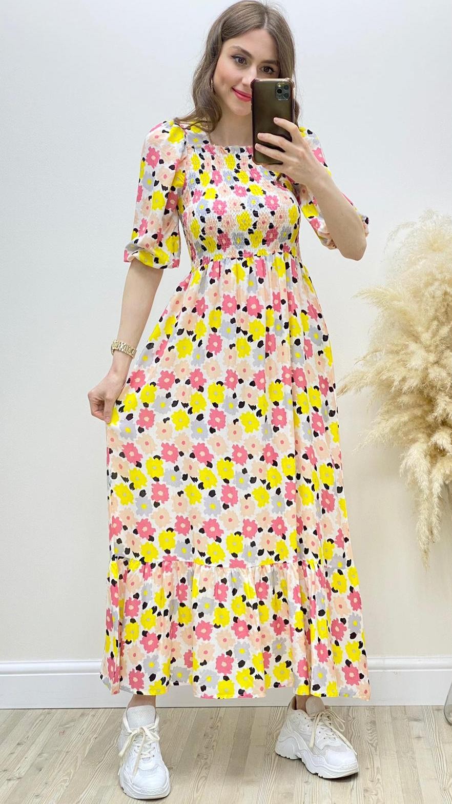 Renkli Çiçekli Gipeli Viskon Elbise Sarı