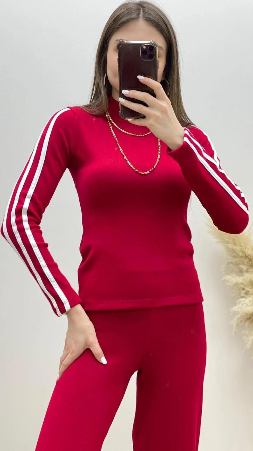 Üç Çizgili Triko Takım Kırmızı