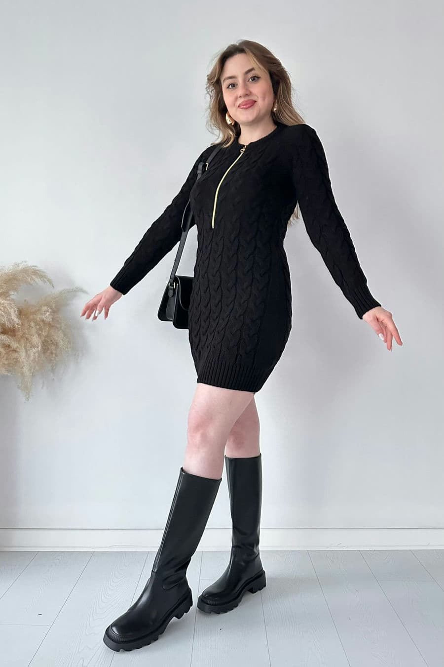 Saç Örgü Fermuar Detaylı Triko Elbise