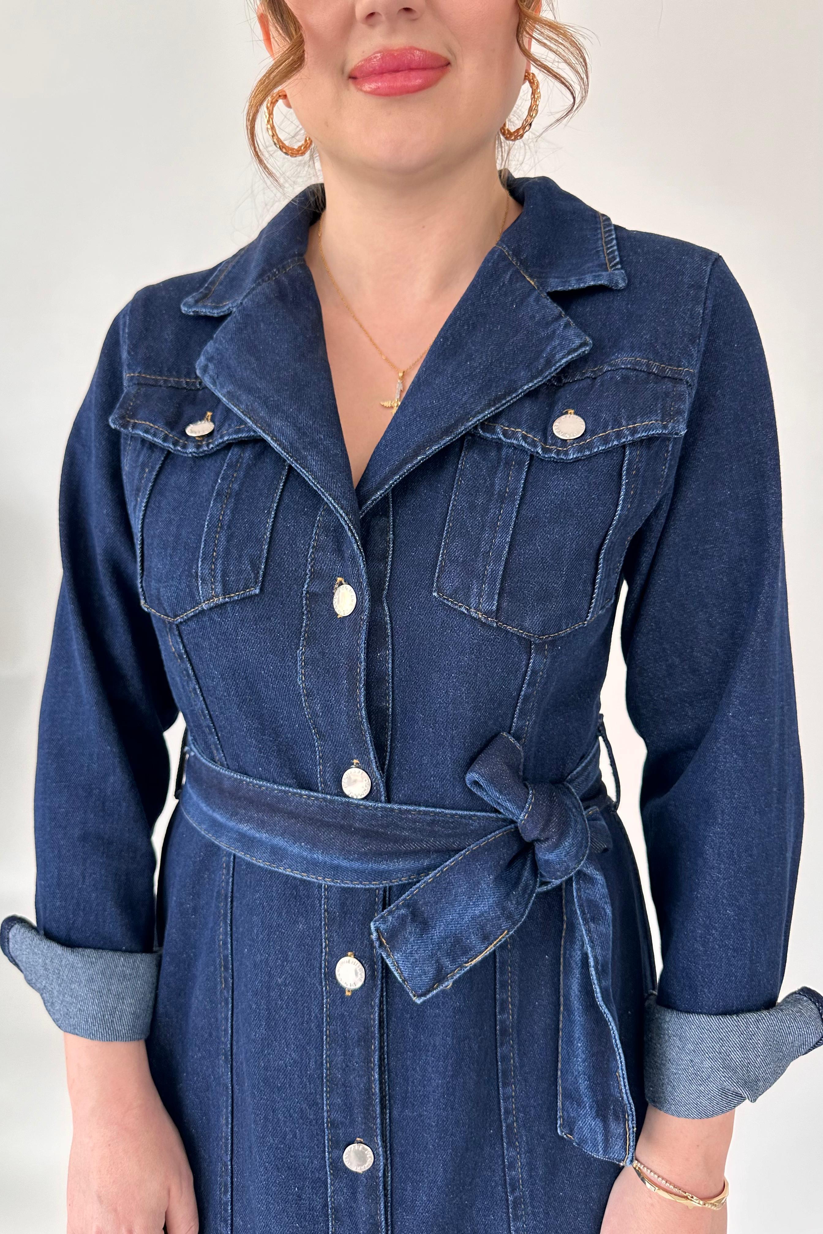 Ceket Yaka Denim Elbise