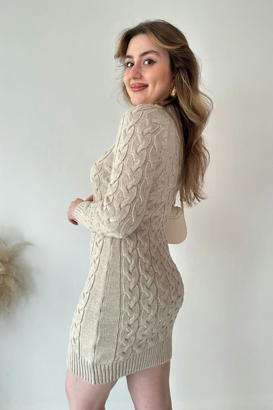 Saç Örgü Fermuar Detaylı Triko Elbise