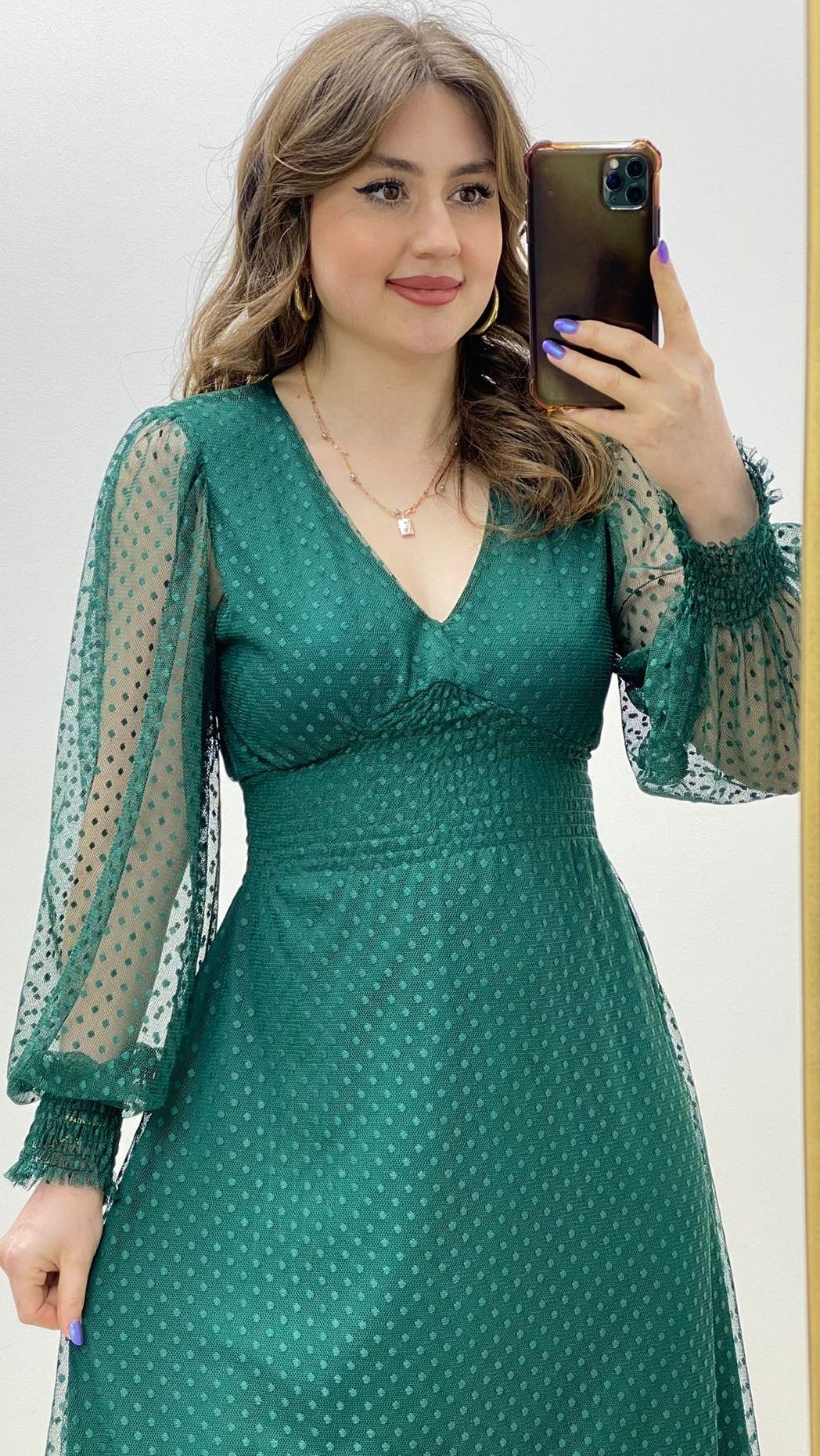 Beli Gipeli Tül Puantiye Elbise Yeşil