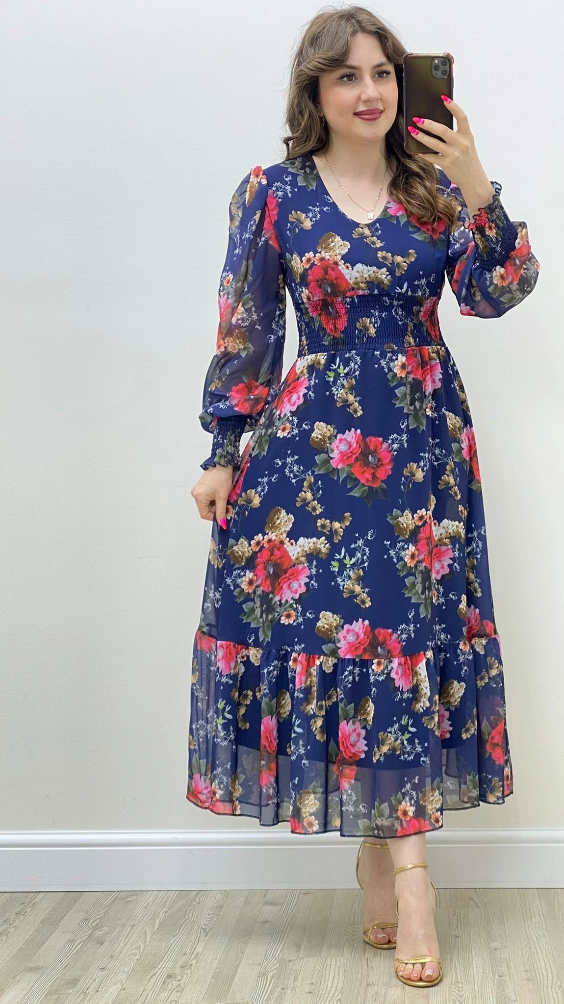 Ortancalı Şifon Elbise Lacivert