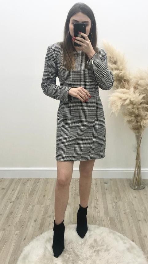 Ekoseli Midi Elbise - Gri