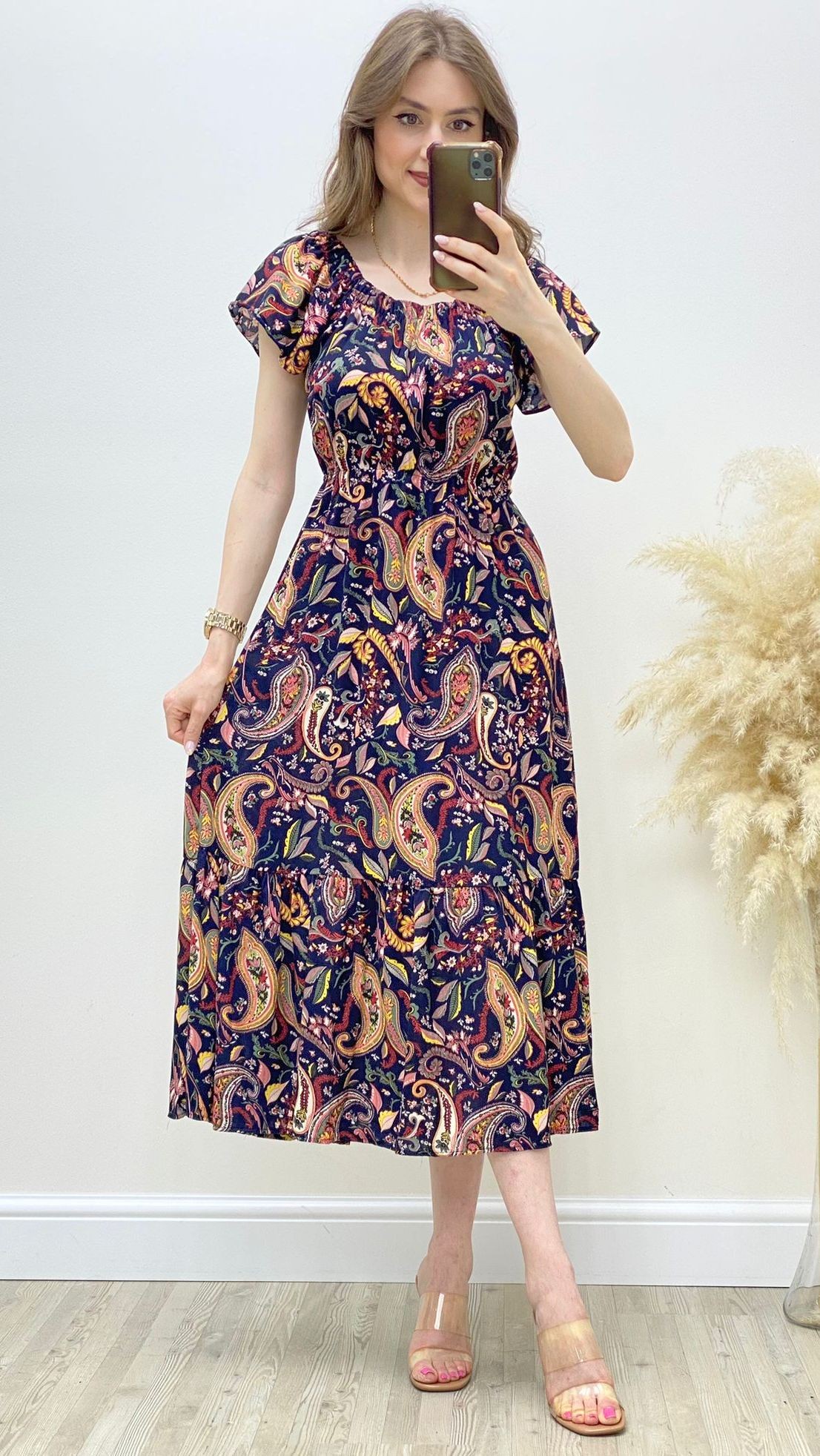 Madonna Şal Desen Viskon Elbise Lacivert