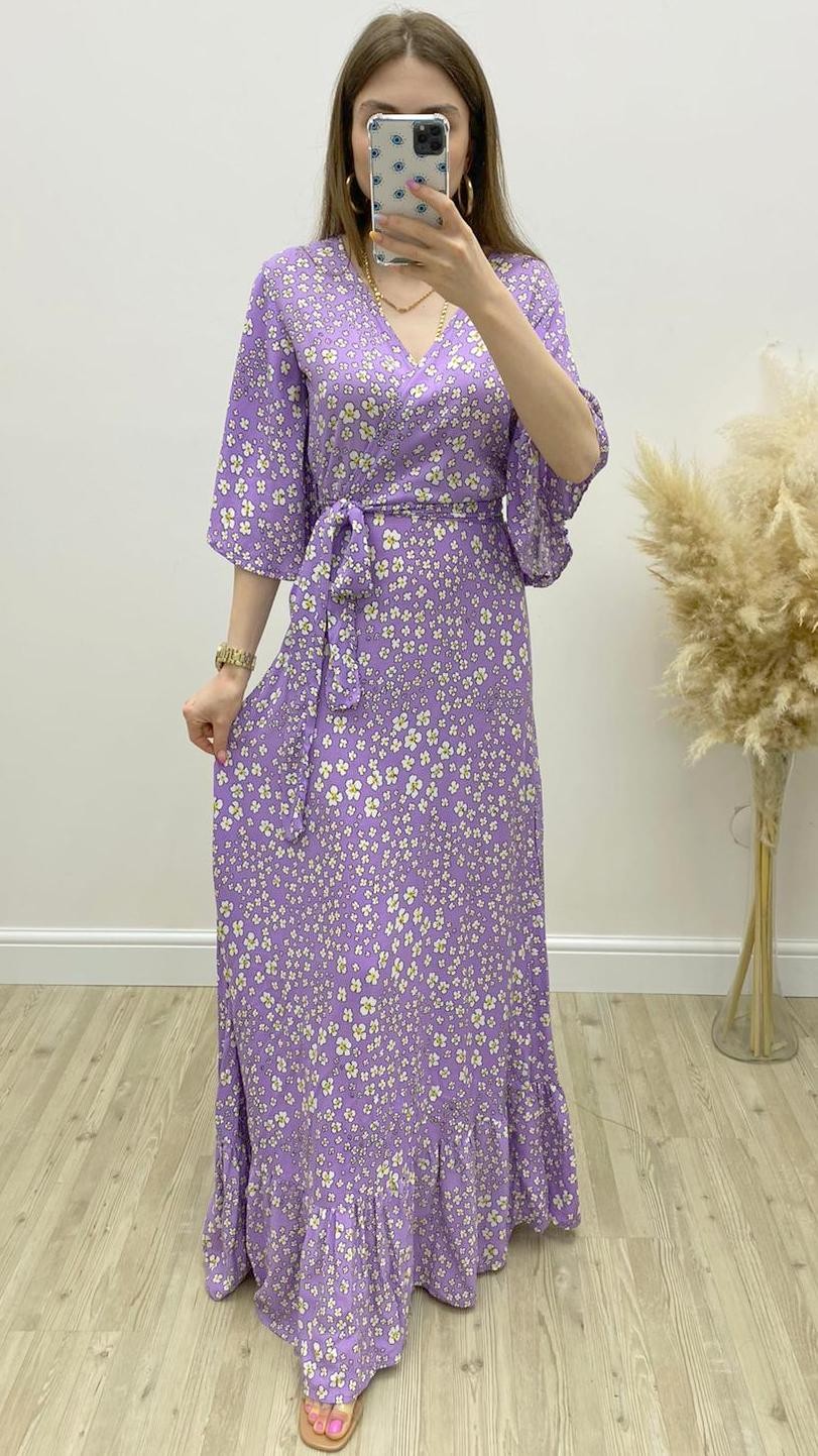 Zakkum Çiçekli Viskon Elbise Lila