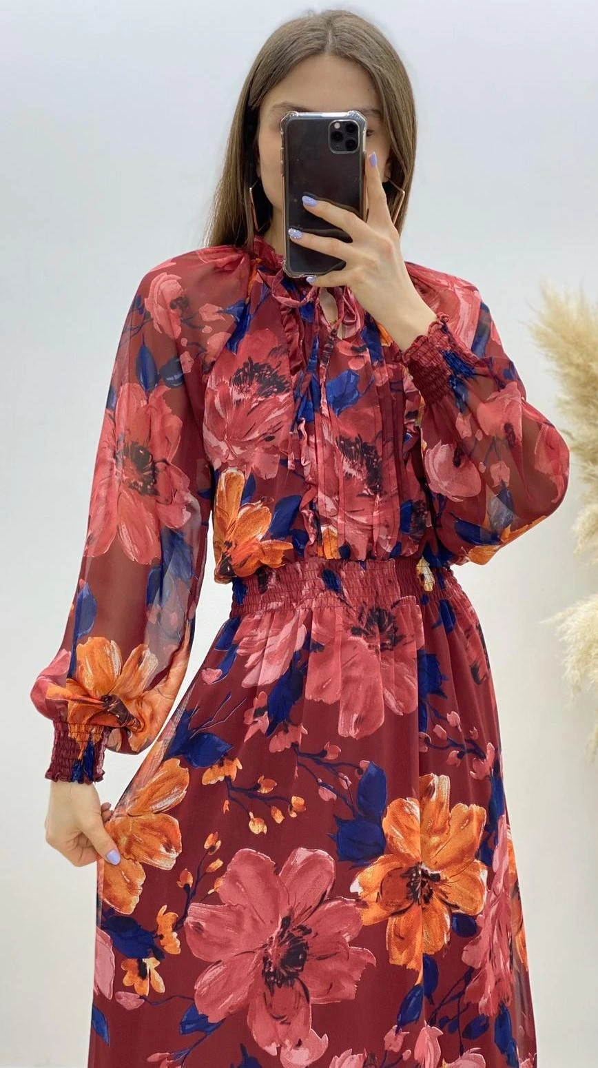 Zambak Desen Gipeli Şifon Elbise Bordo