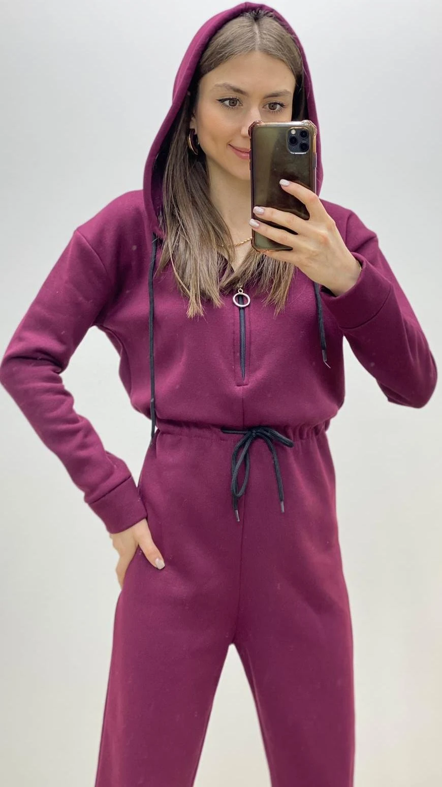 Bel Bağlamalı Polar Tulum Bordo