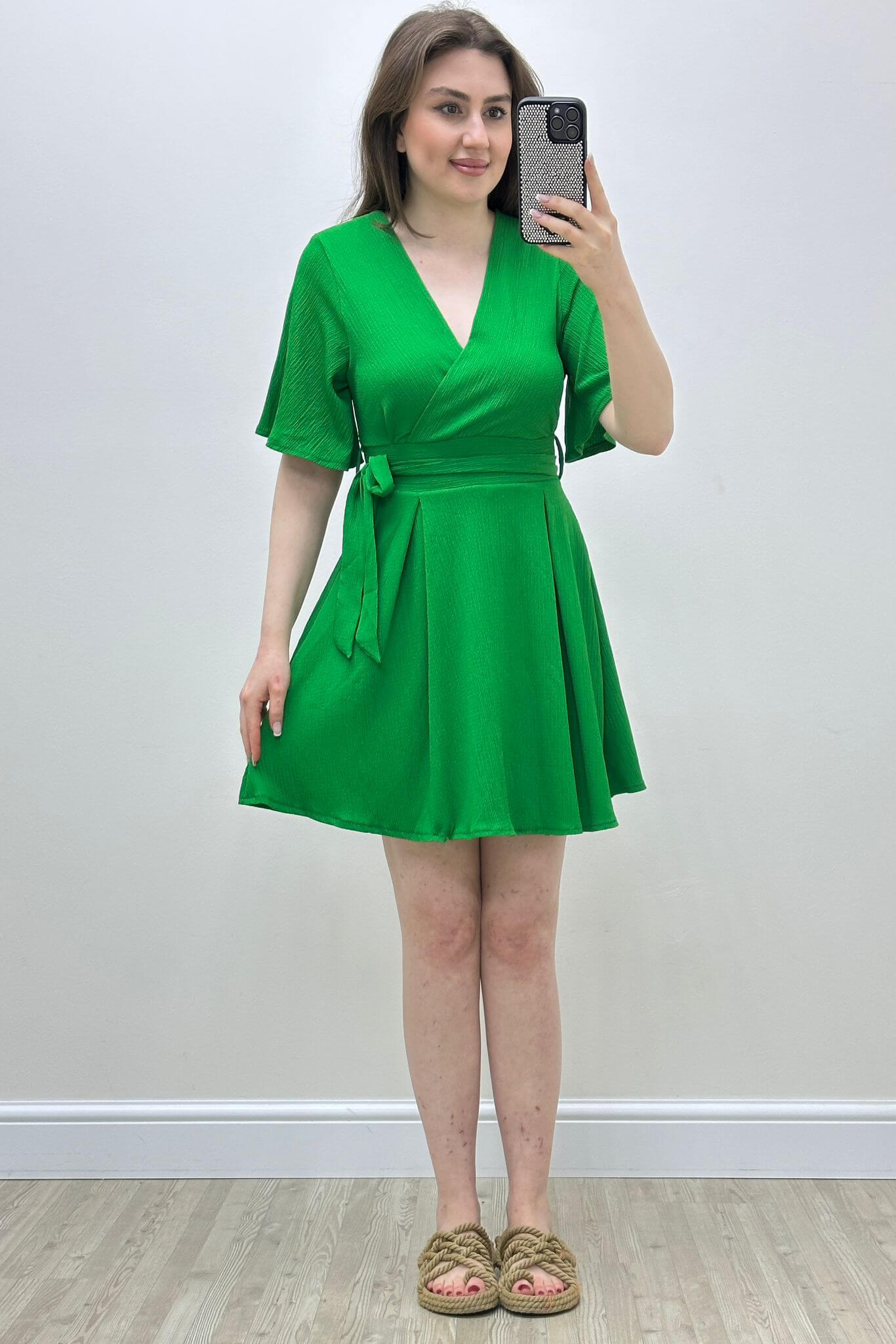 Gofre Şortlu Elbise Yeşil