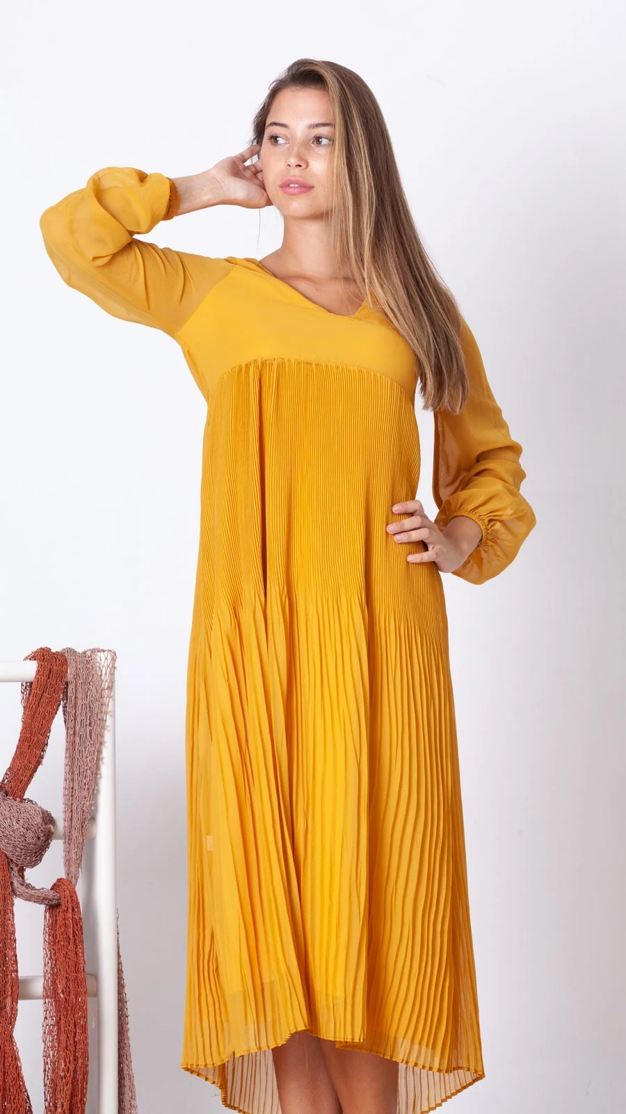 Eteği Piliseli Astarlı Şifon Elbise - Hardal