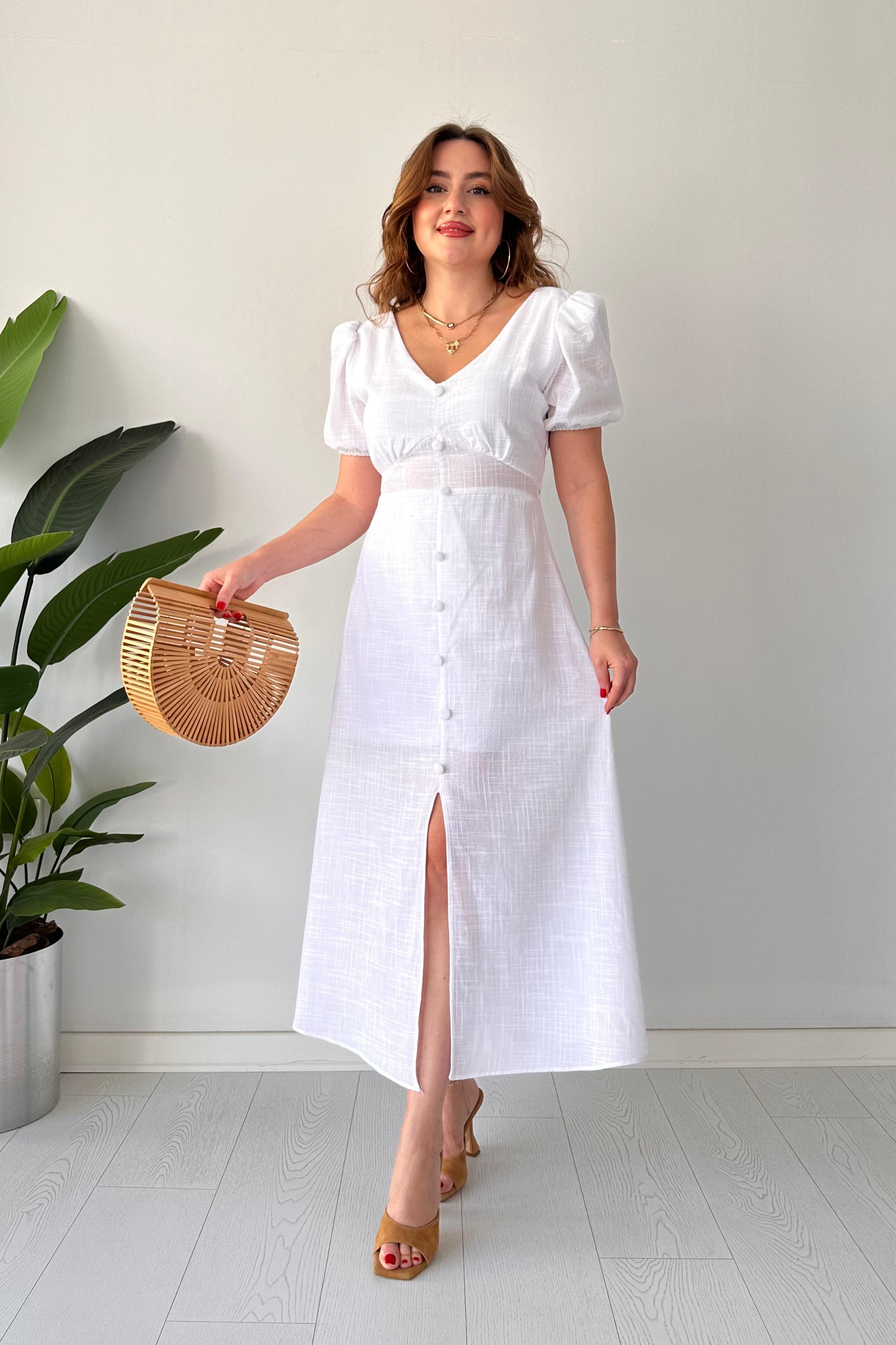 Önden Düğme Keten Elbise