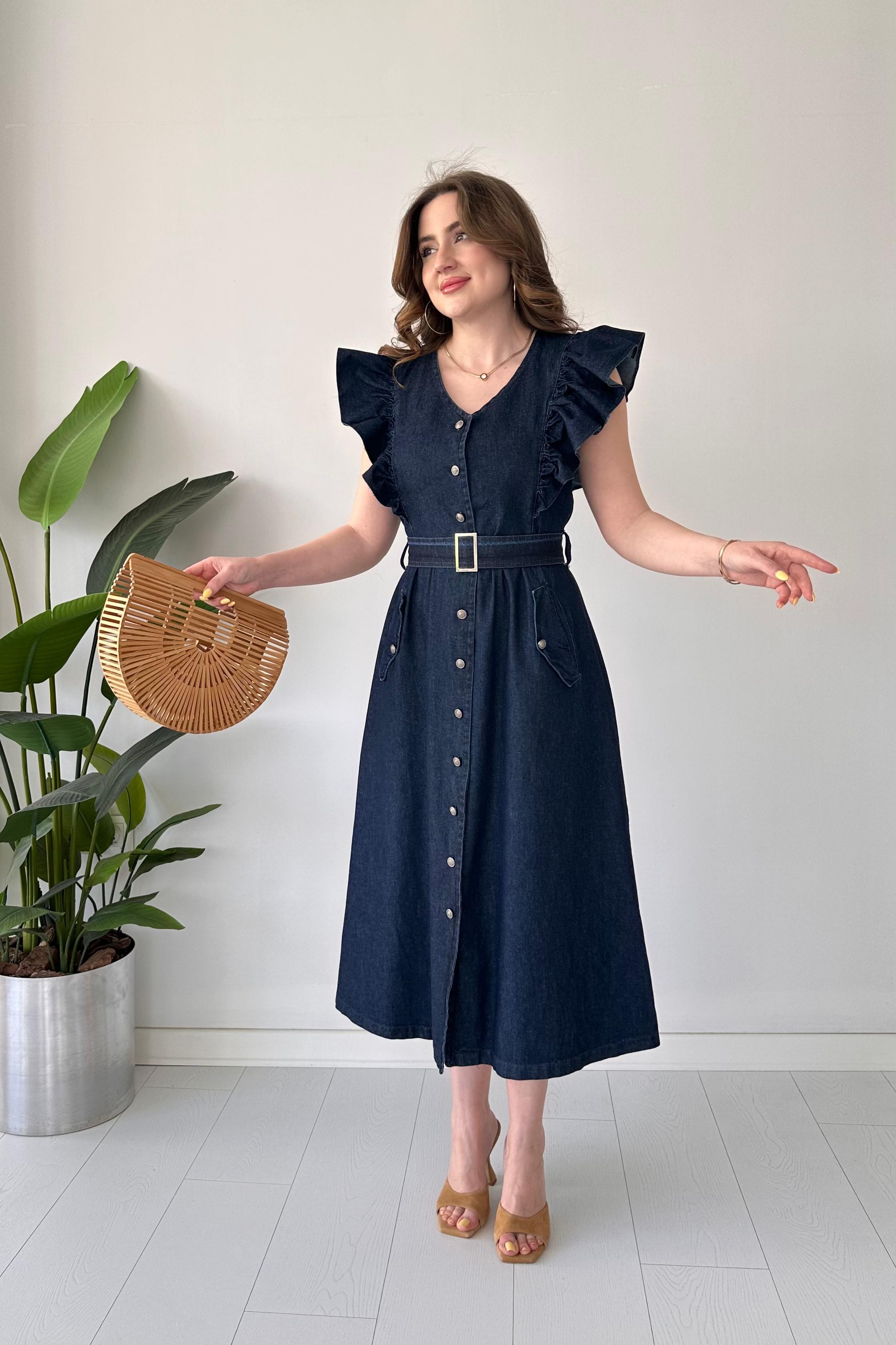 Volanlı Denim Elbise