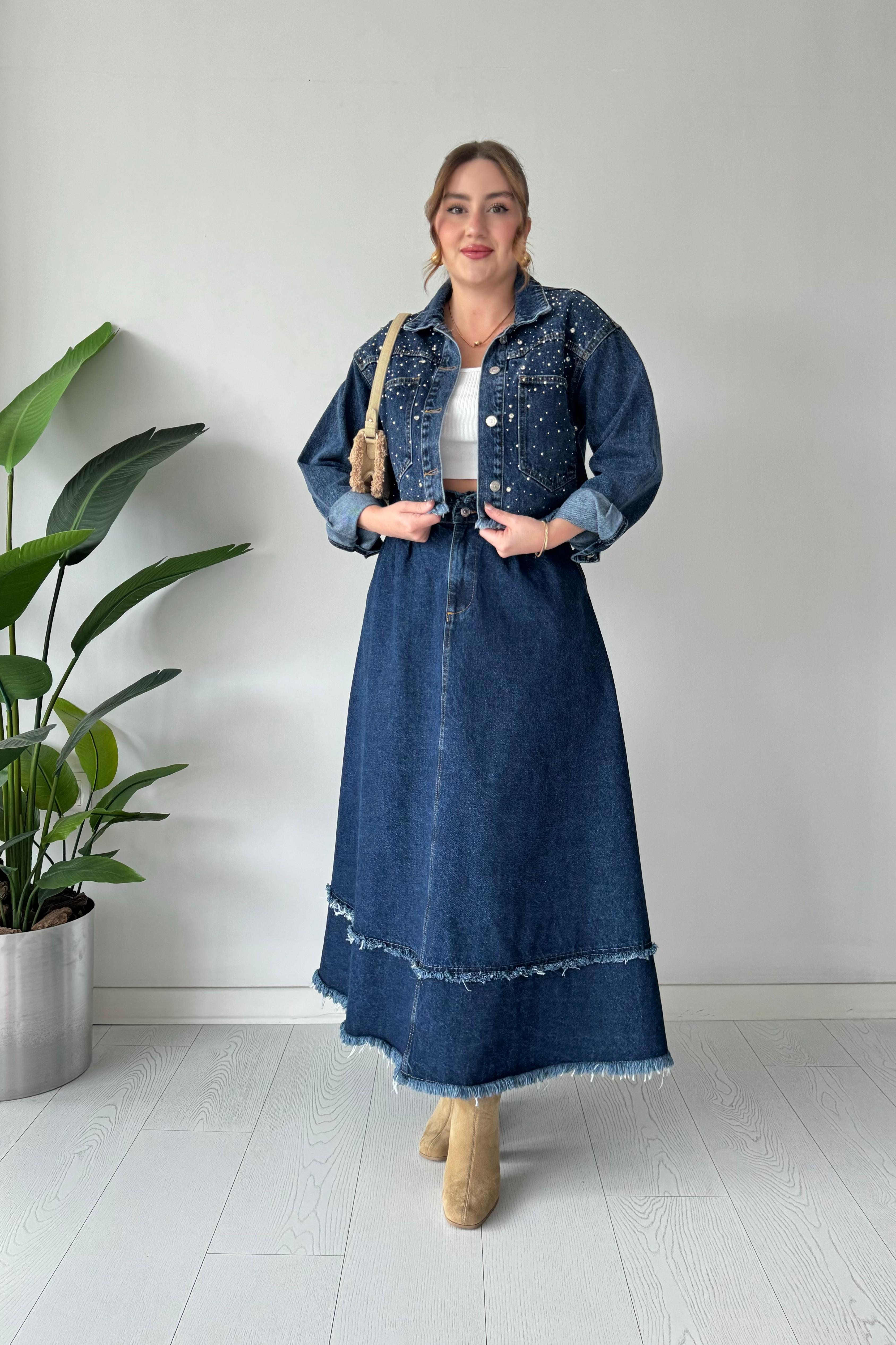 Midi Kloş Denim Etek