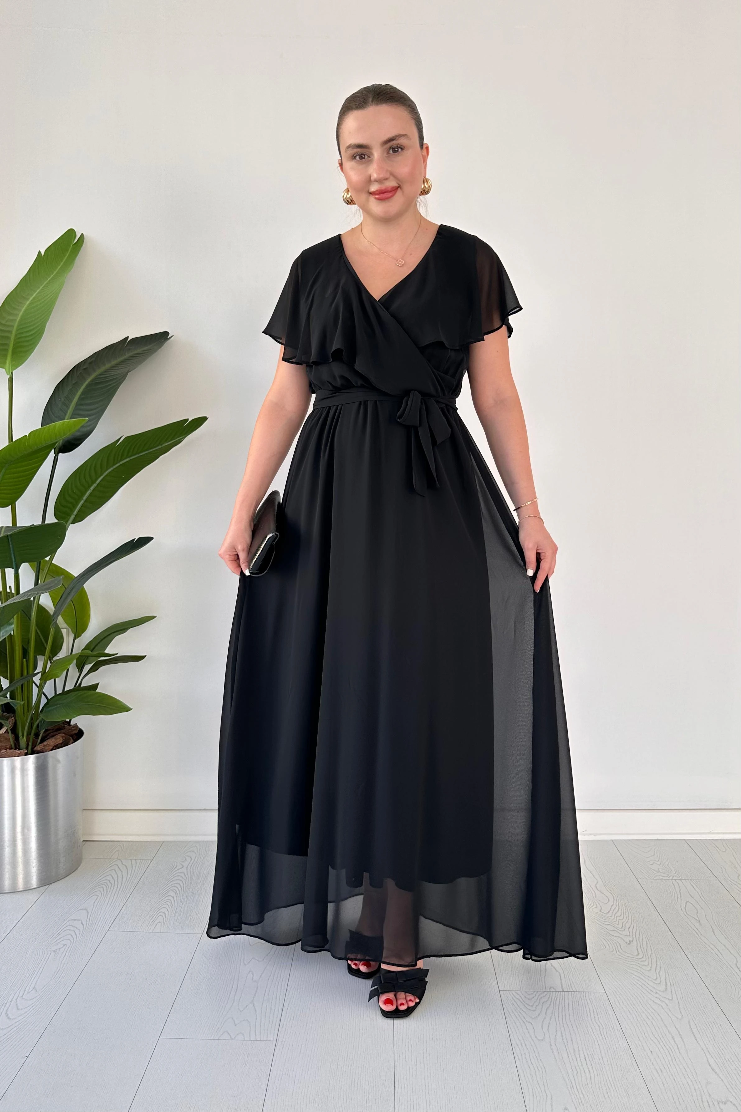 Volan Yaka Maksi Şifon Elbise