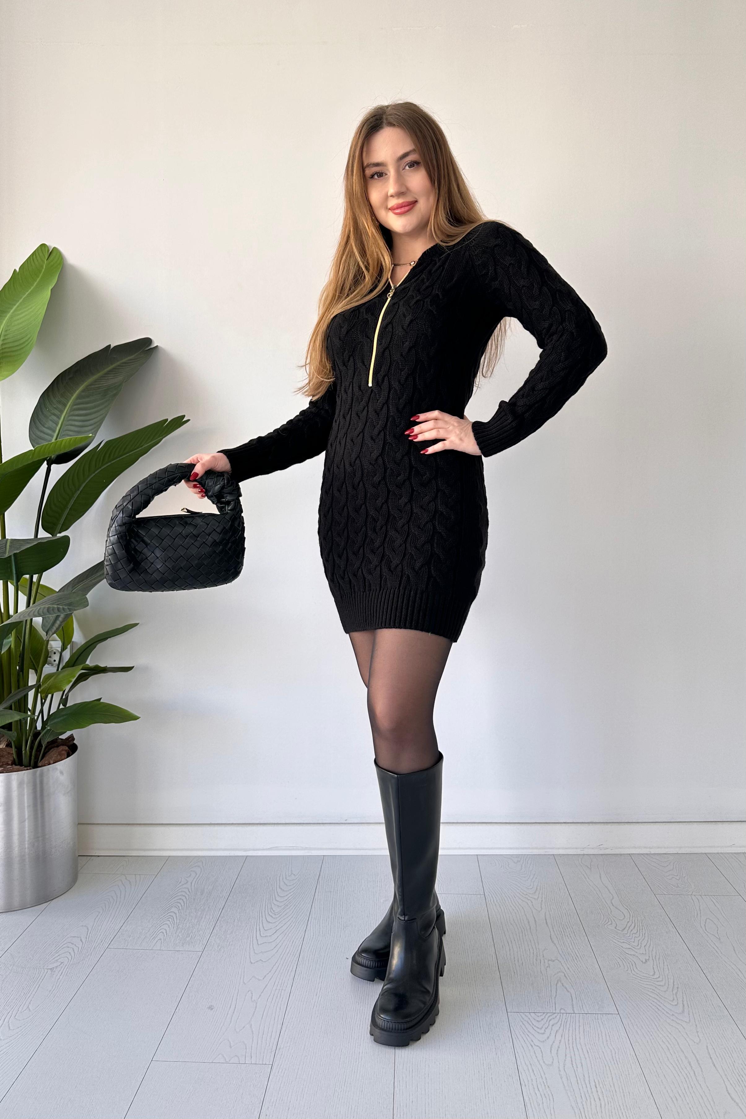 Saç Örgü Fermuar Detaylı Triko Elbise