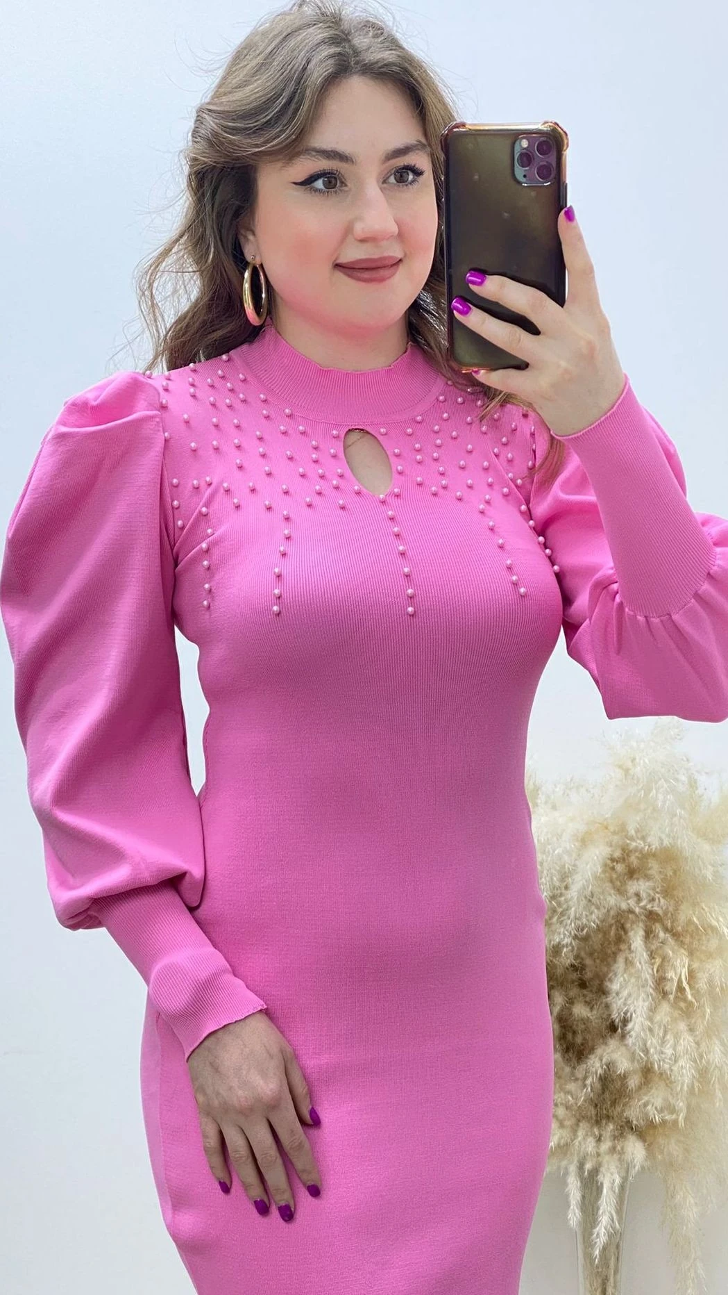 Balon Kol İncili Triko Elbise Pembe