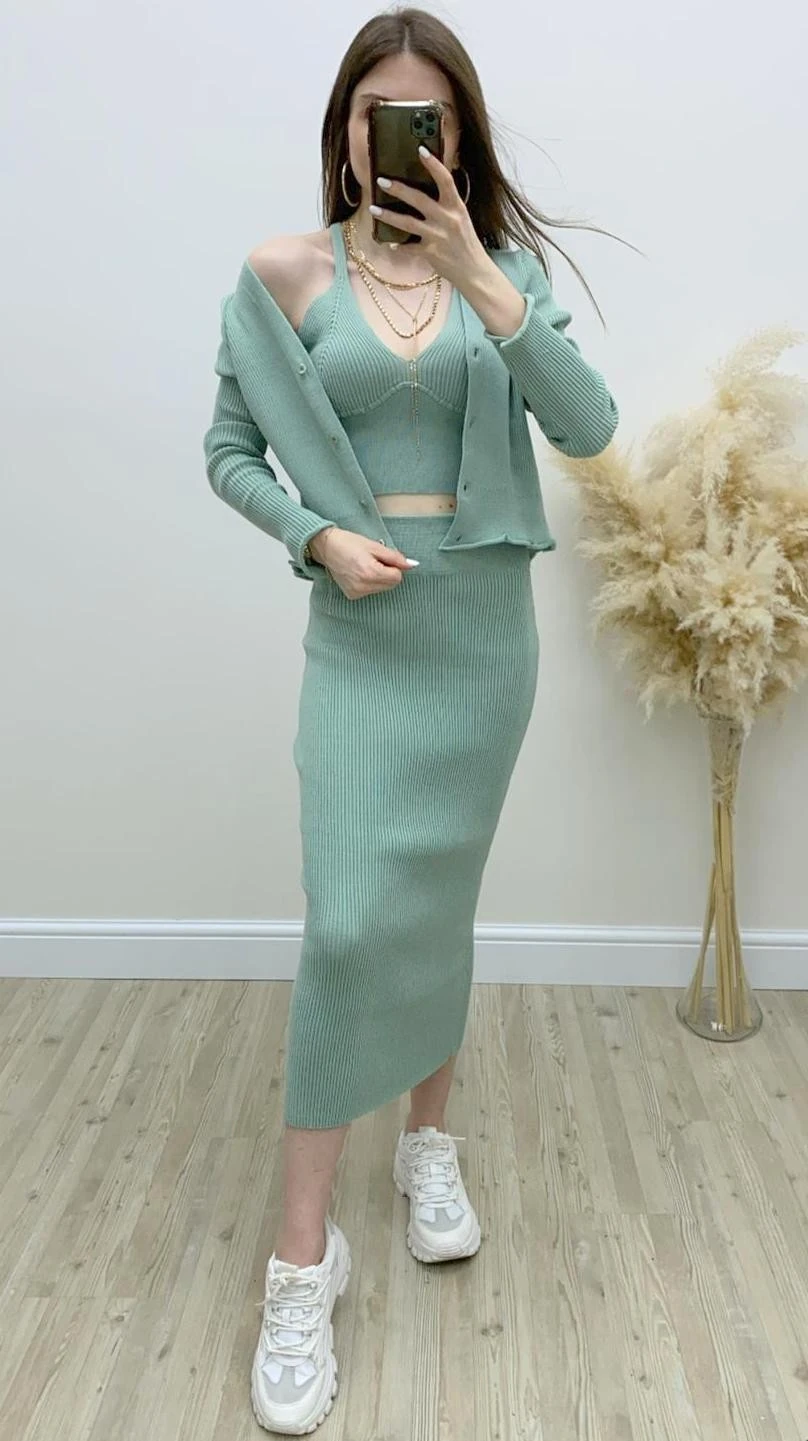 Büstiyerli Etek Triko Takım Mint