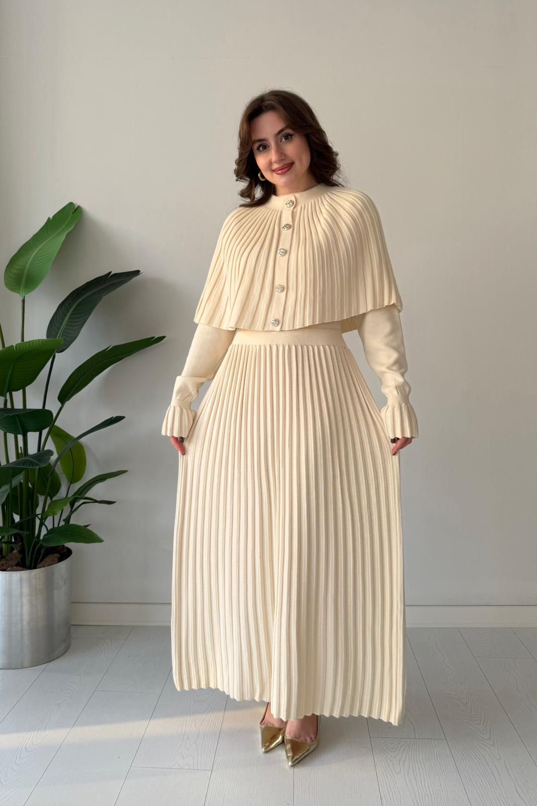 Pelerinli Triko Elbise - Ekru