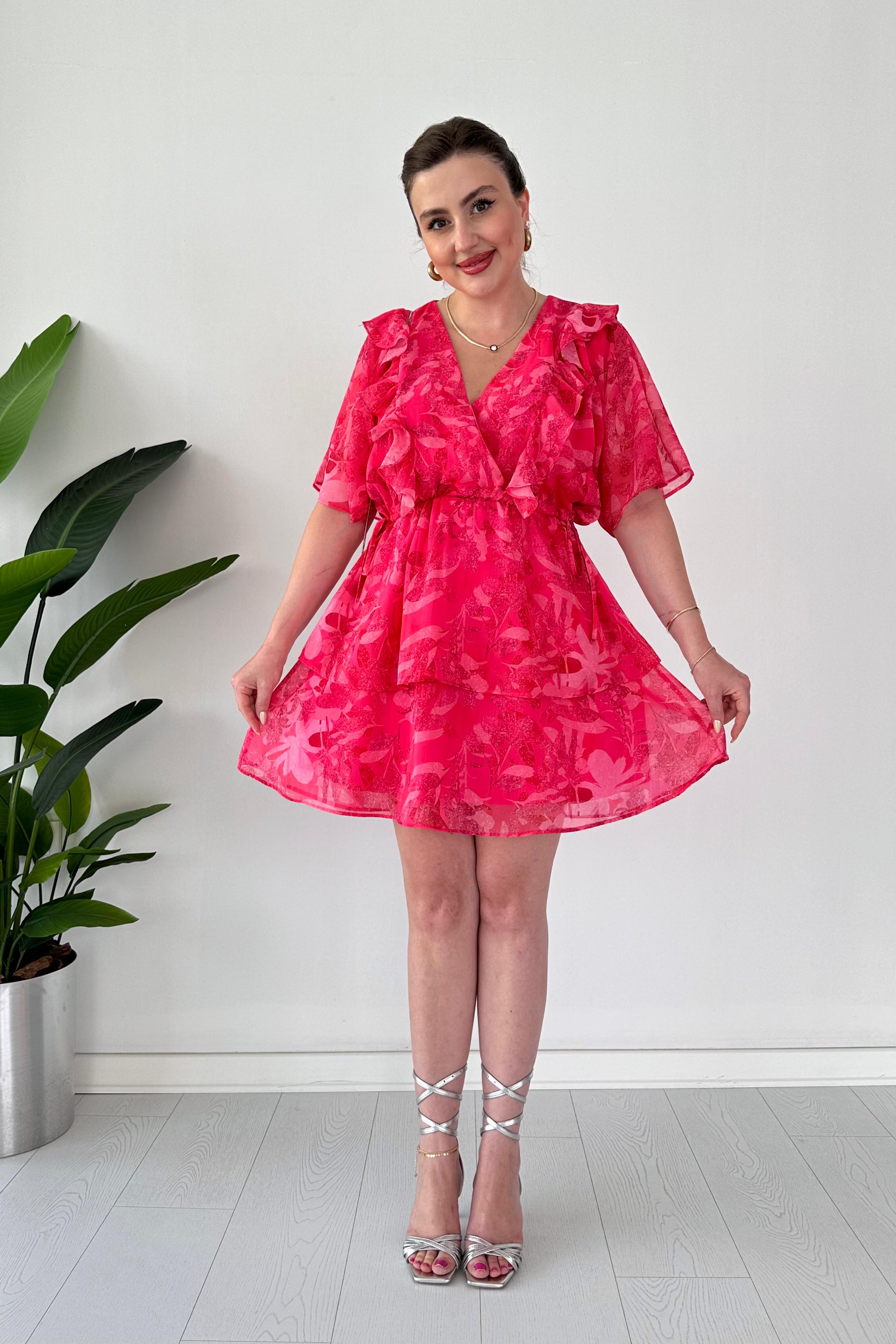 Farbalalı Katlı Şifon Elbise