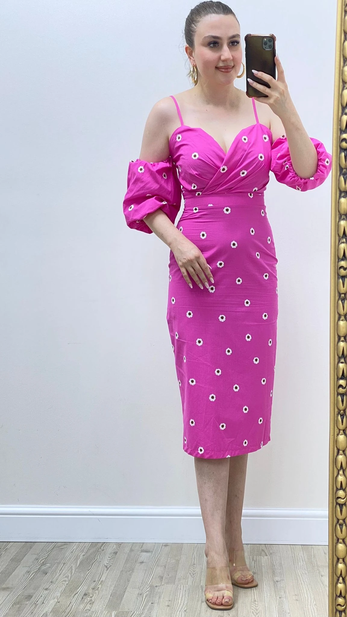 Balon Detay Askılı Poplin Elbise Pembe