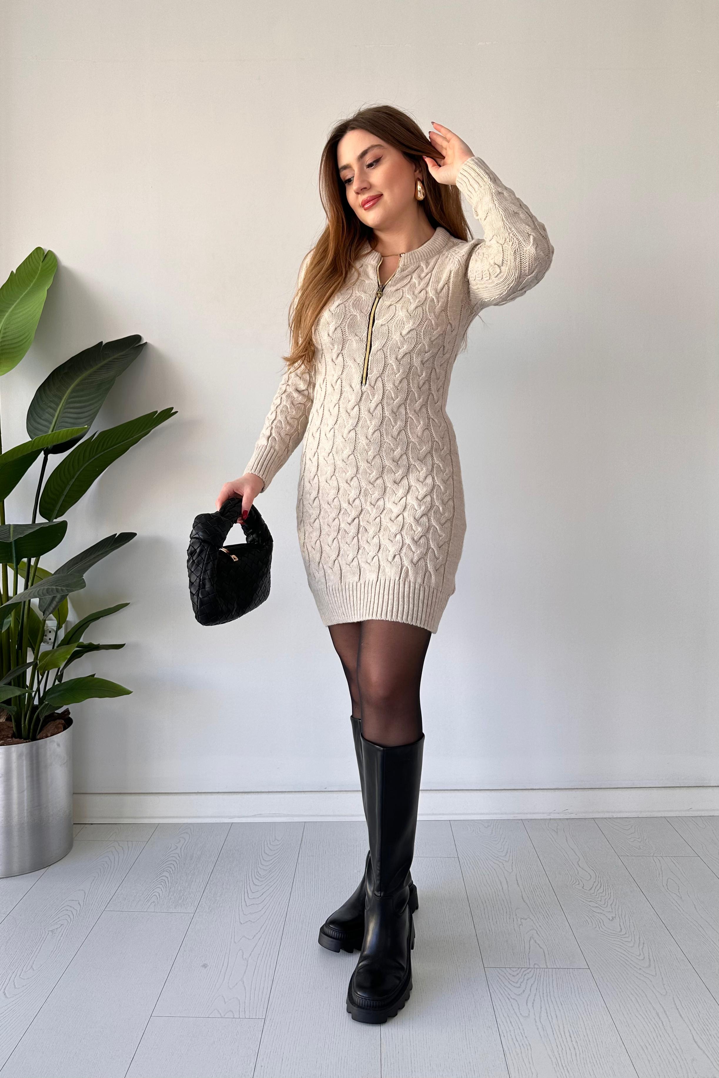 Saç Örgü Fermuar Detaylı Triko Elbise