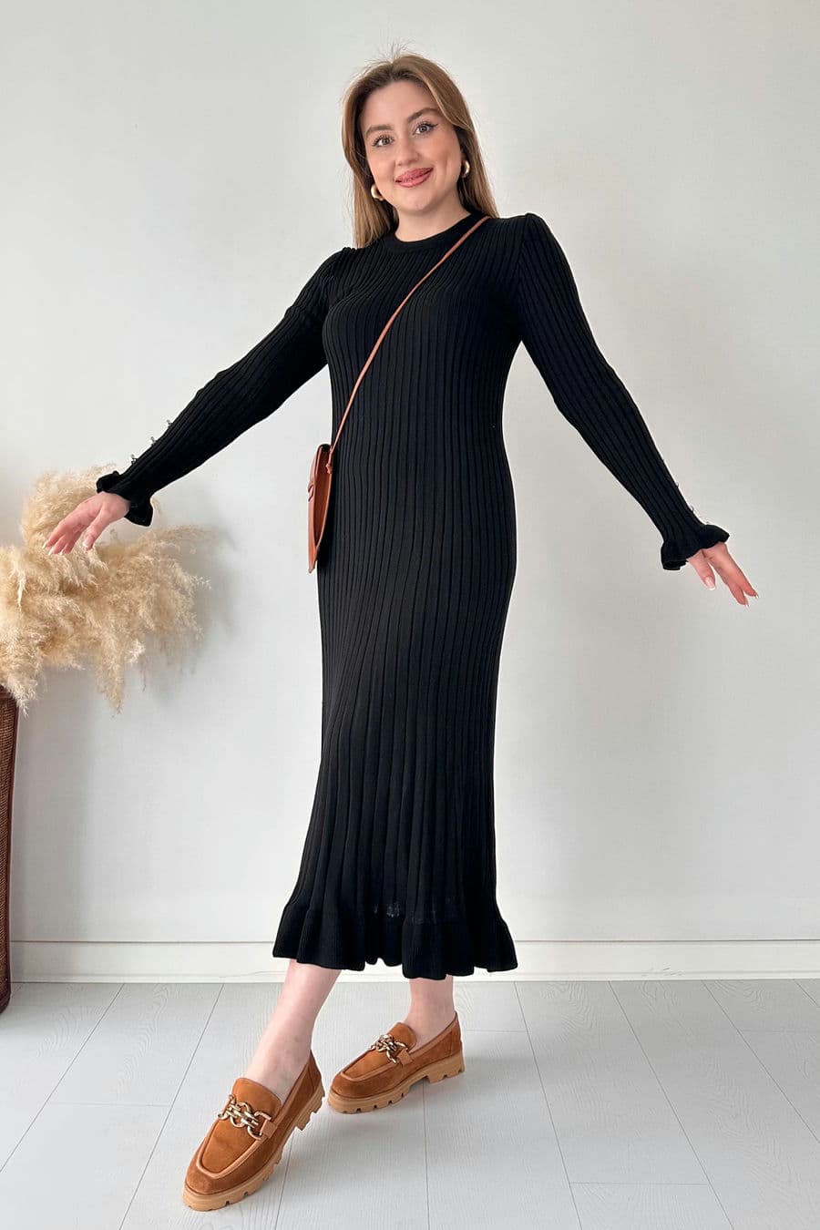 Midi Boy Kloş Triko Elbise