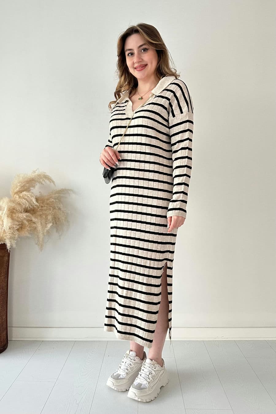 Çizgili Basic Triko Elbise