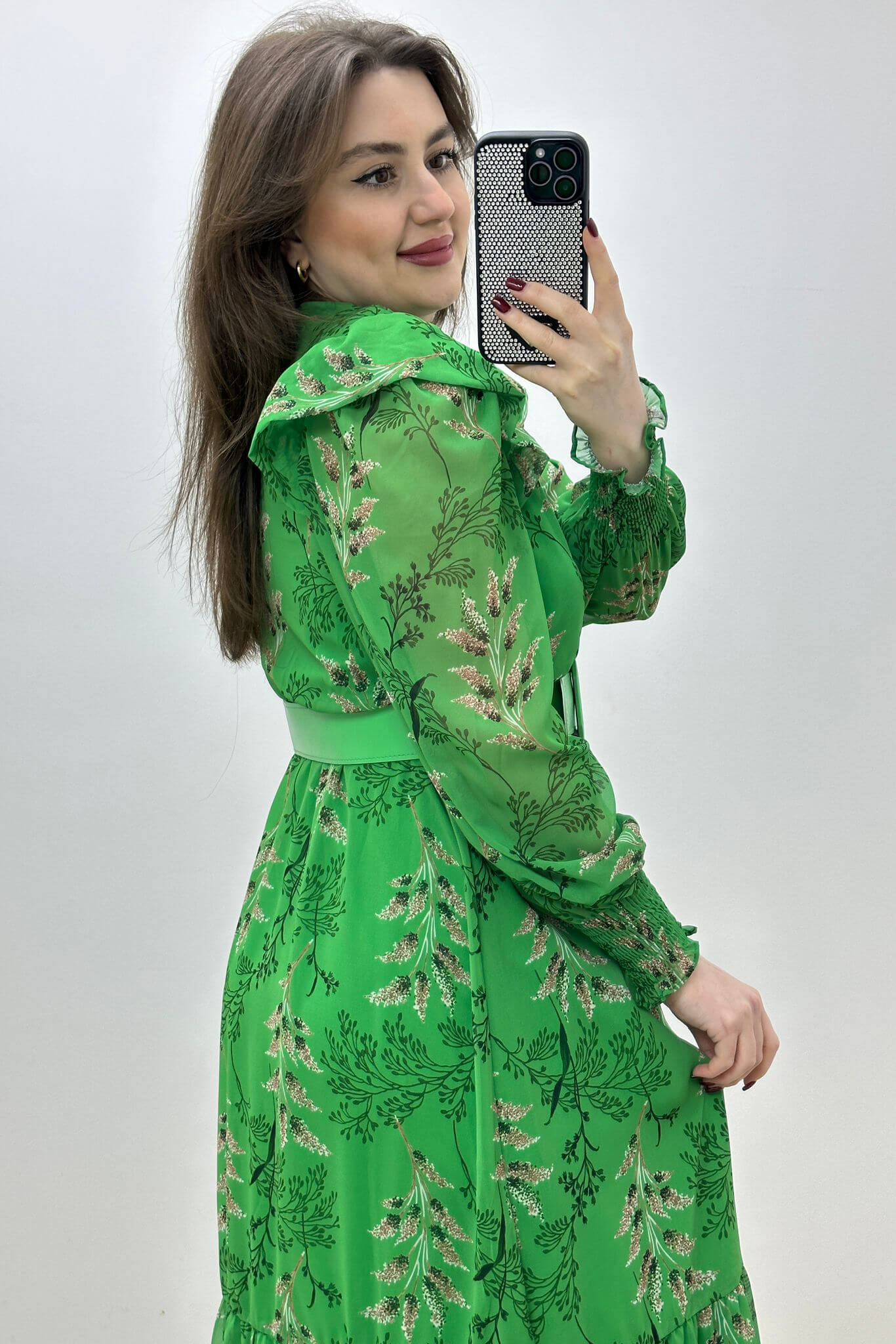 Leylak Desen Şifon Elbise Yeşil