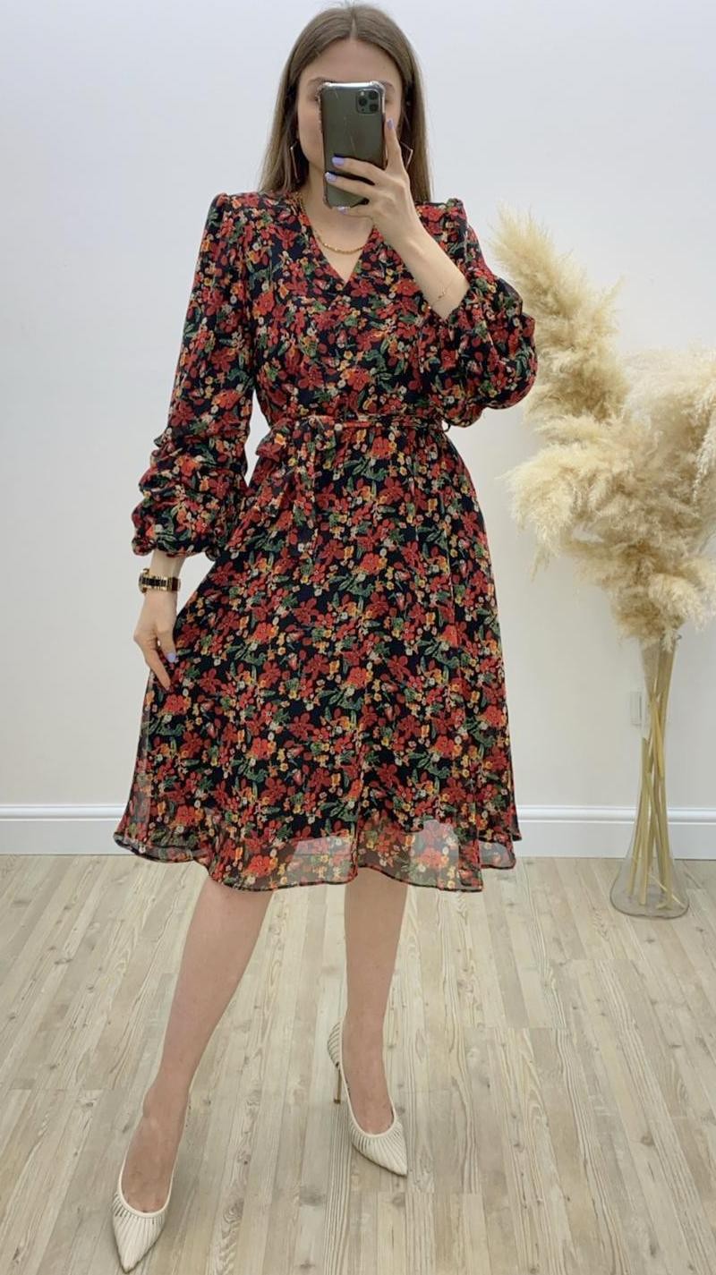 Kolları Büzgülü Çiçek Desenli Midi Boy Şifon Elbise