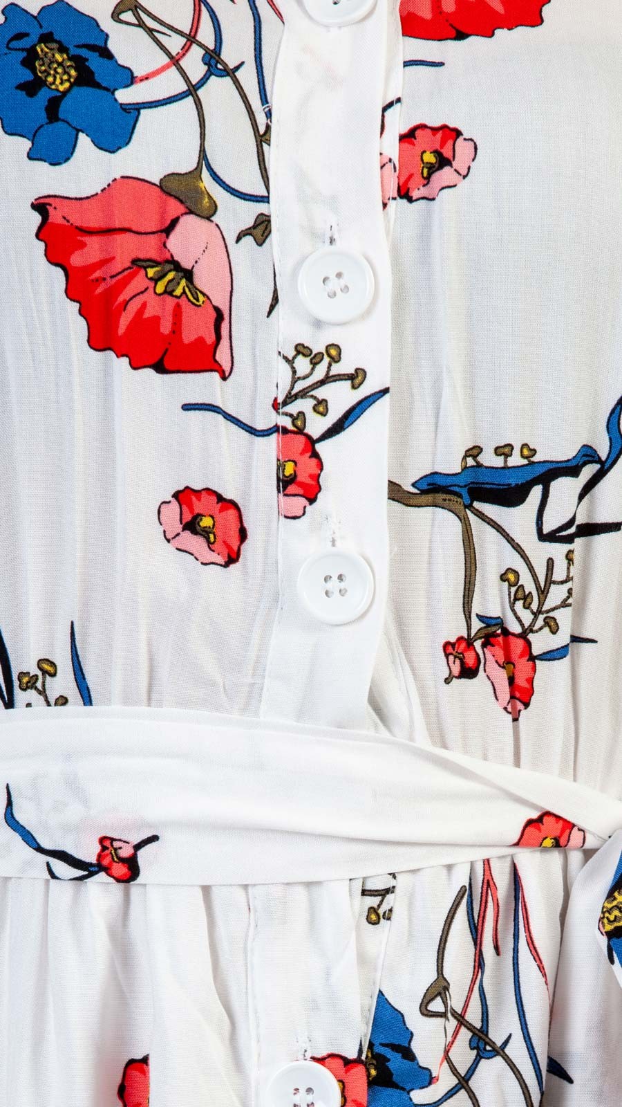 Çiçekli İri Düğmeli Elbise Beyaz