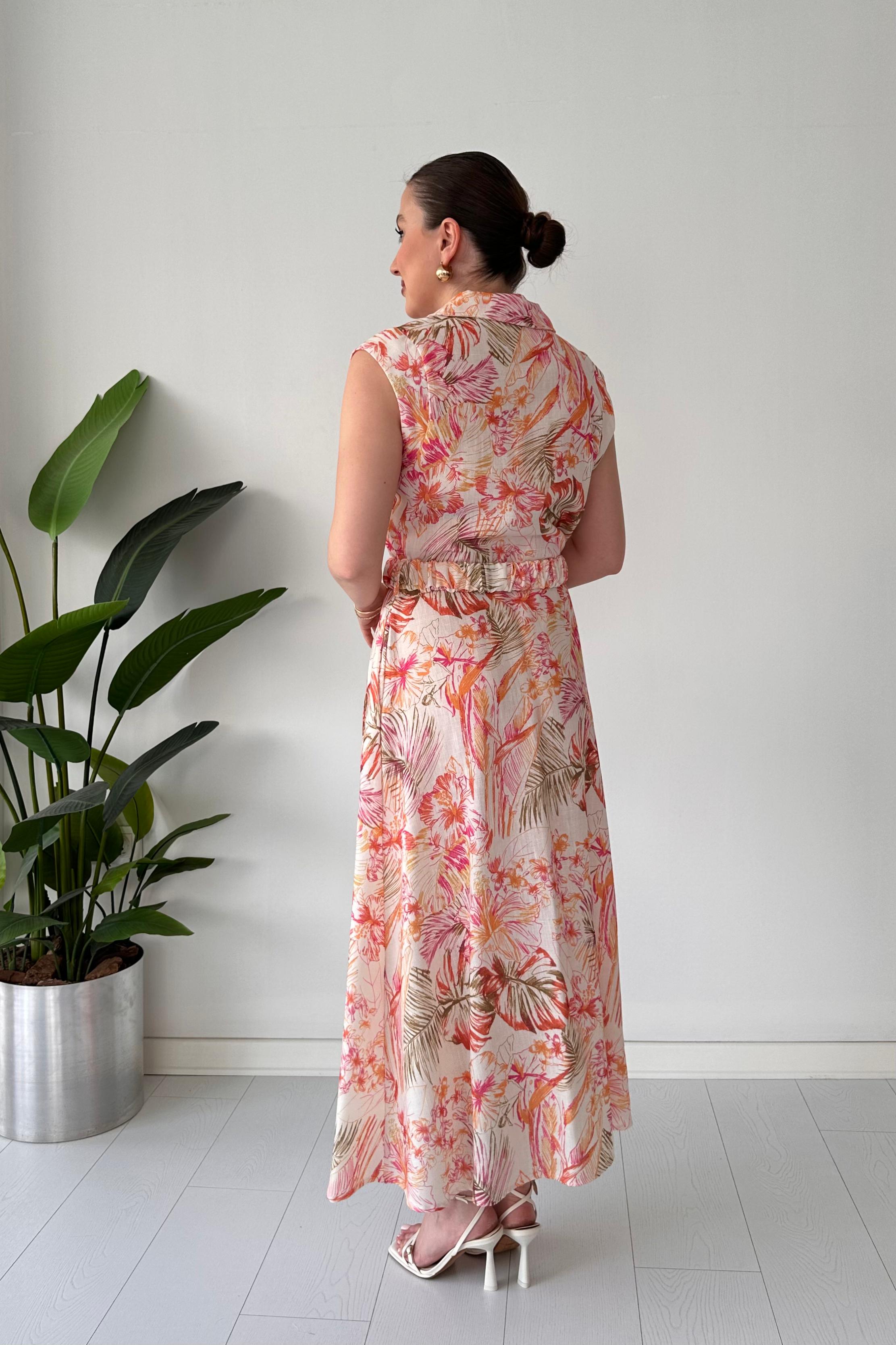 Floral Keten Elbise