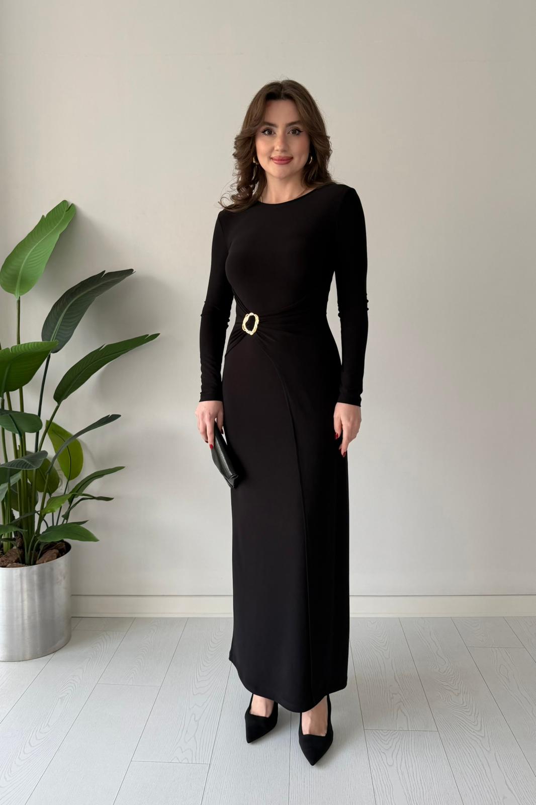 Dalga Tokalı Esnek Elbise - Siyah