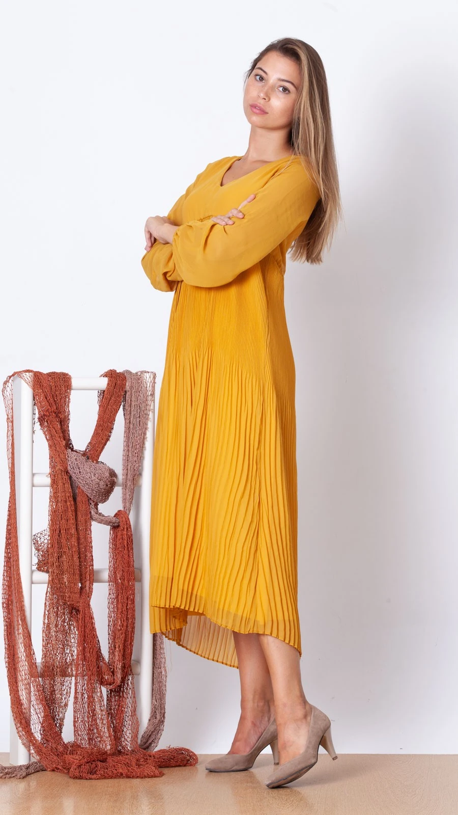 Eteği Piliseli Astarlı Şifon Elbise - Hardal