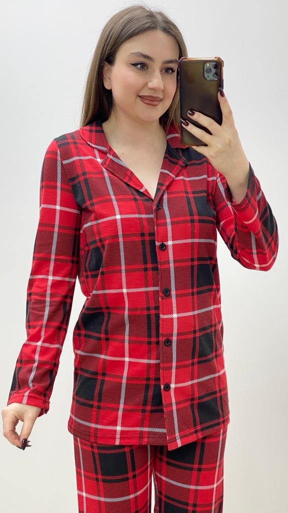 Ekoseli Pijama Takımı Kırmızı