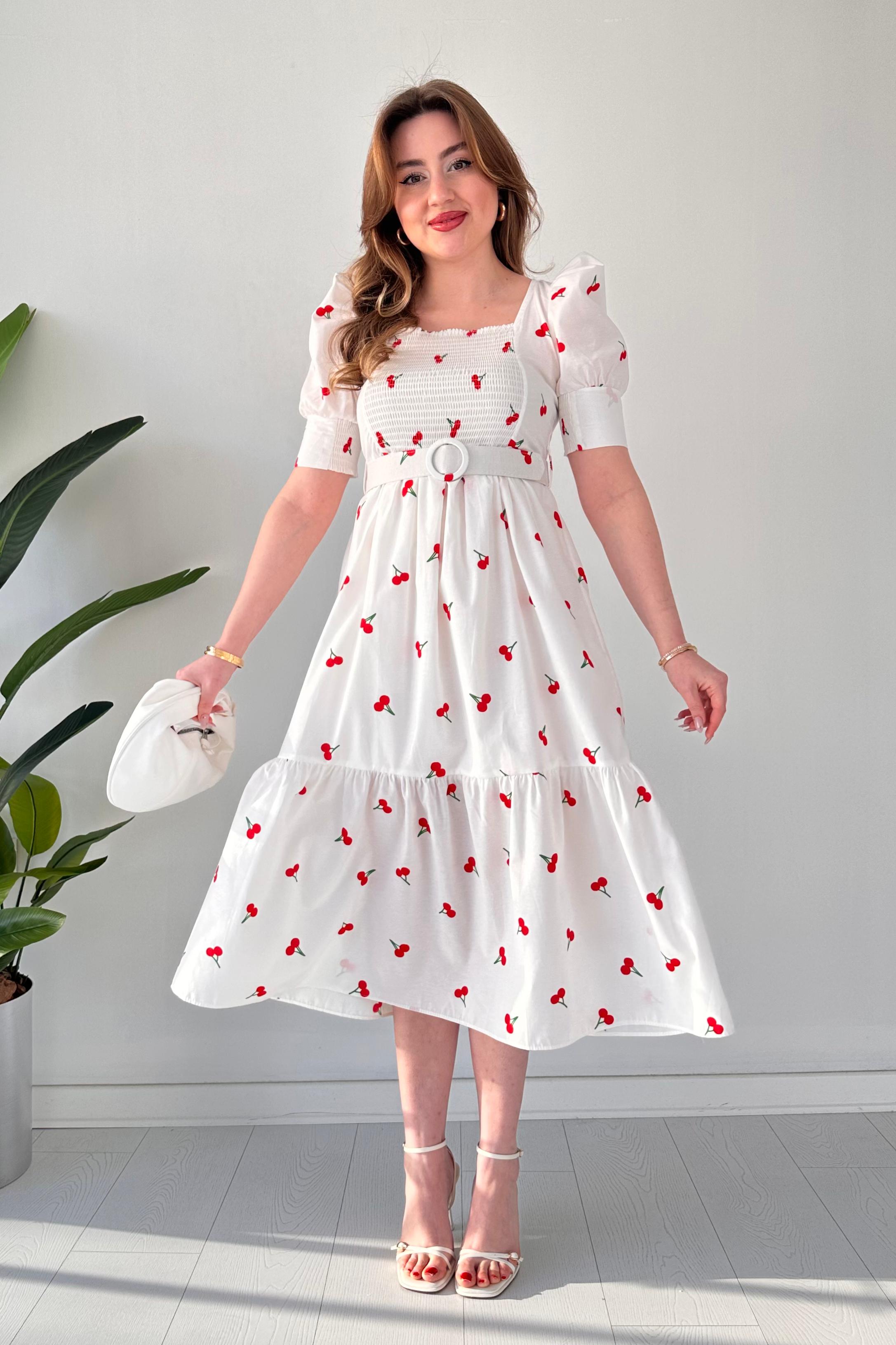 Kirazlı Astarlı Poplin Elbise