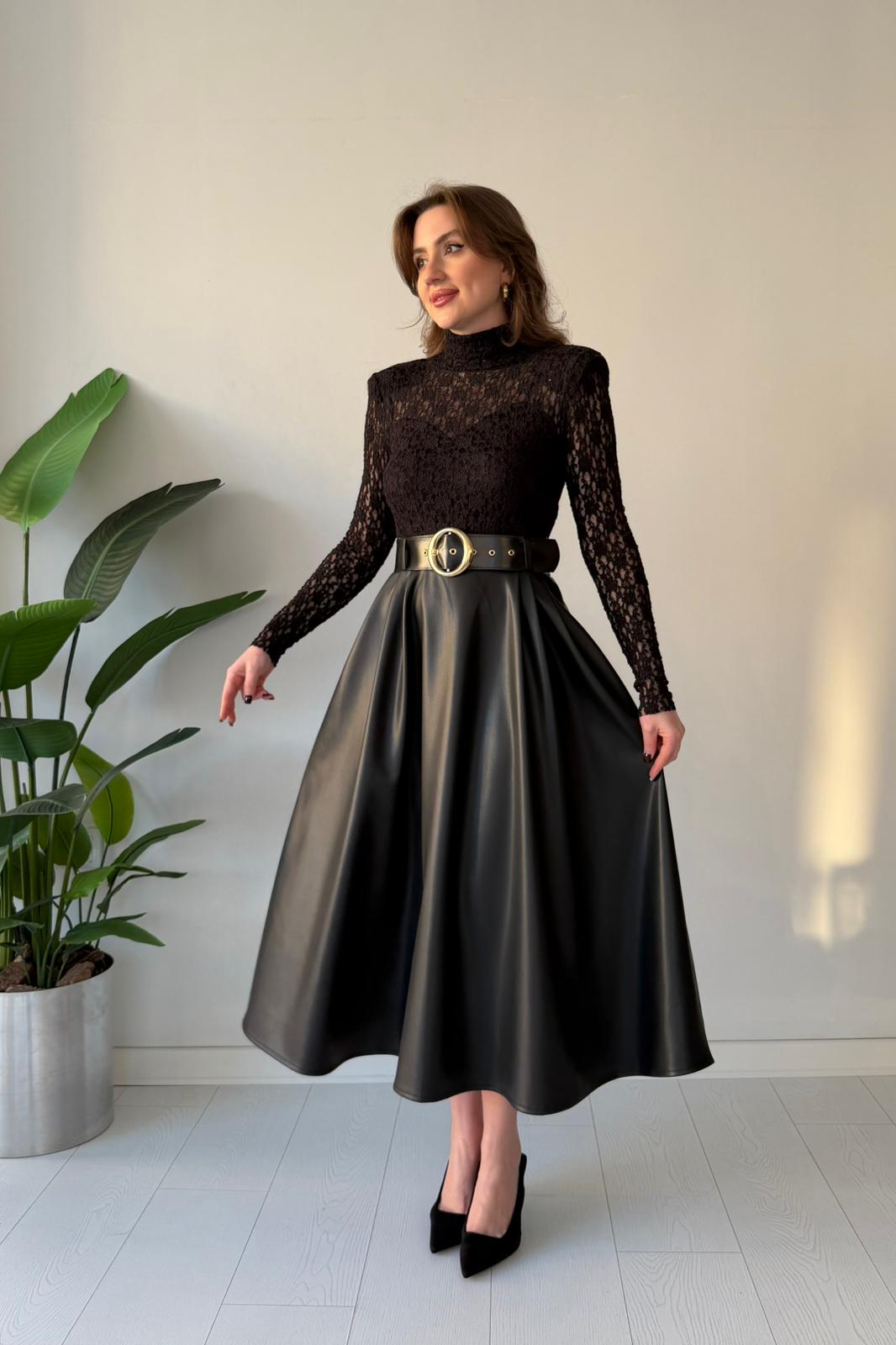 Deri Etekli Tasarım Elbise - SİYAH