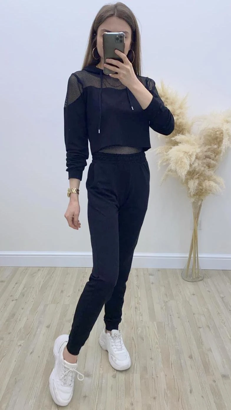 File Korseli Eşofman Takımı Siyah