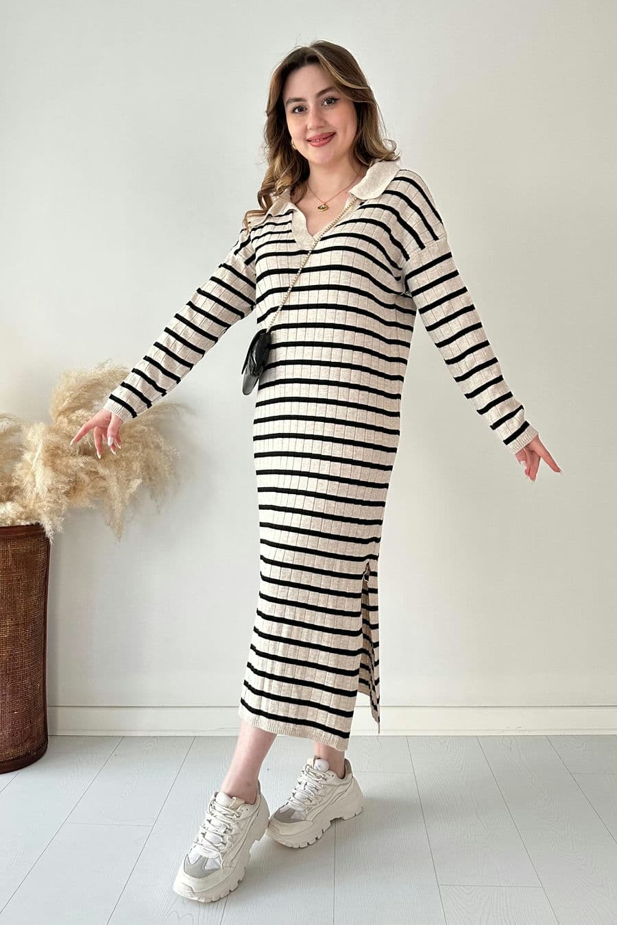 Çizgili Basic Triko Elbise