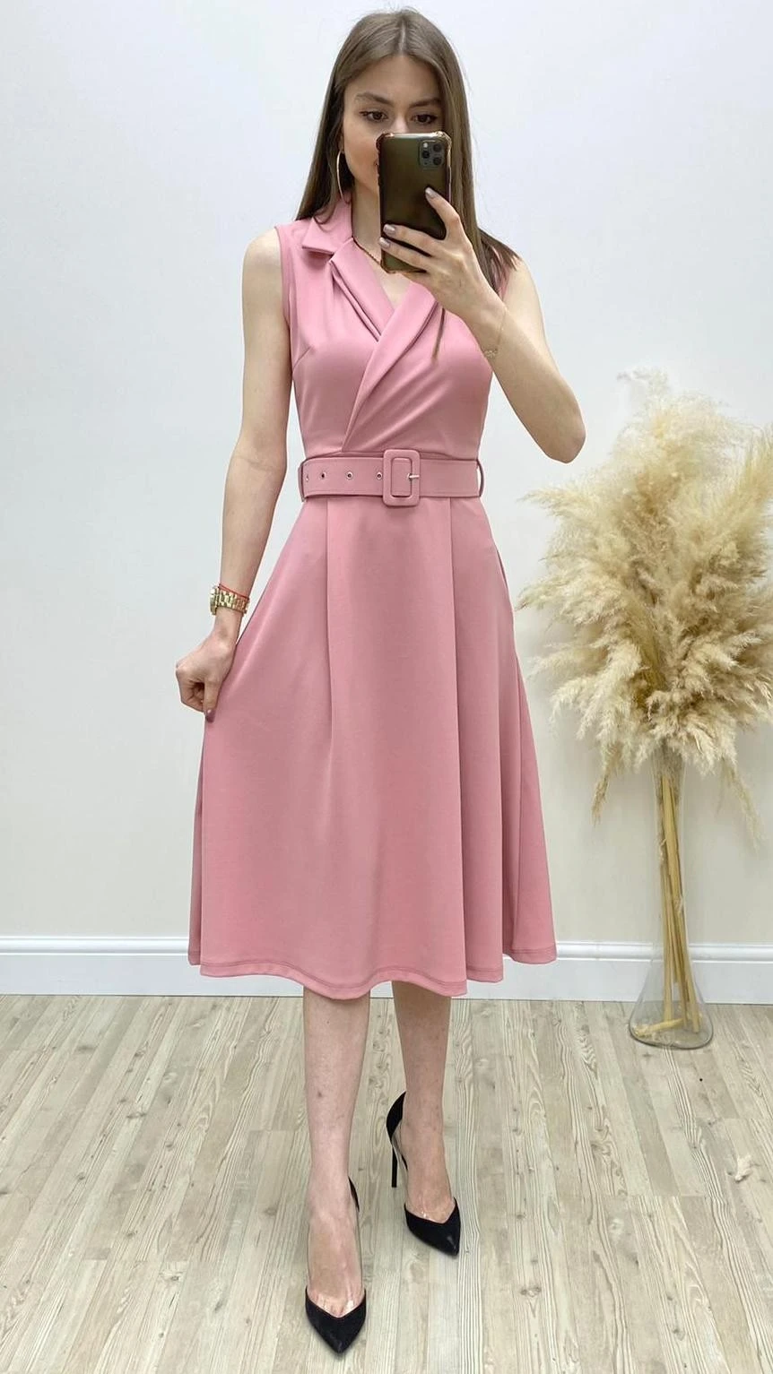 Yaka Detay Kolsuz Midi Elbise Pudra