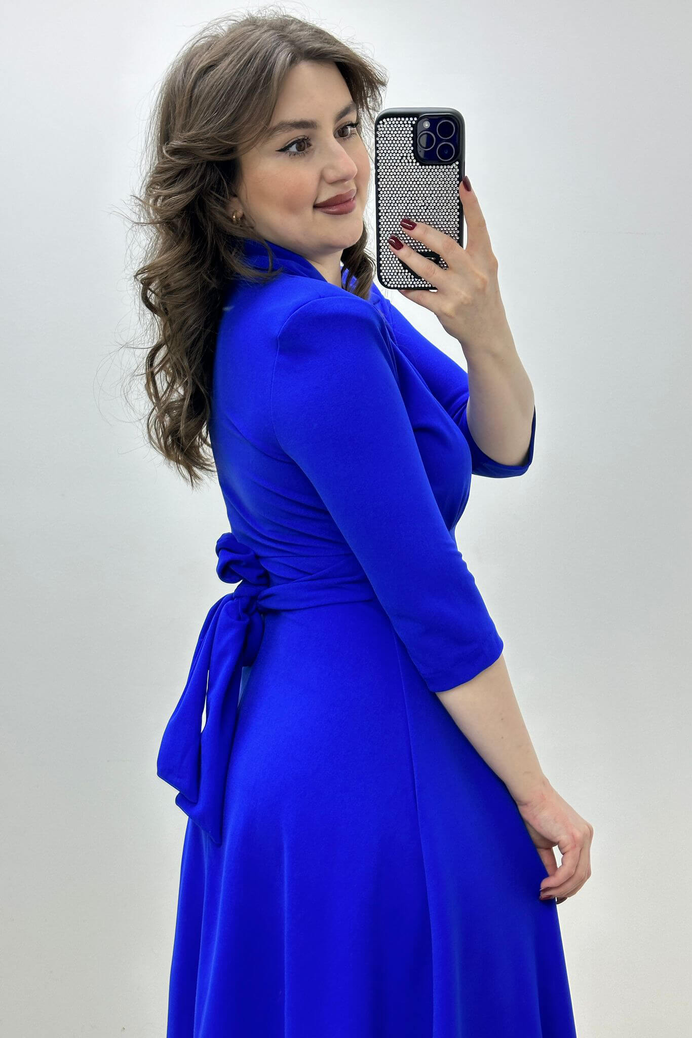 Yarım Kollu Krep Elbise Saks Mavi