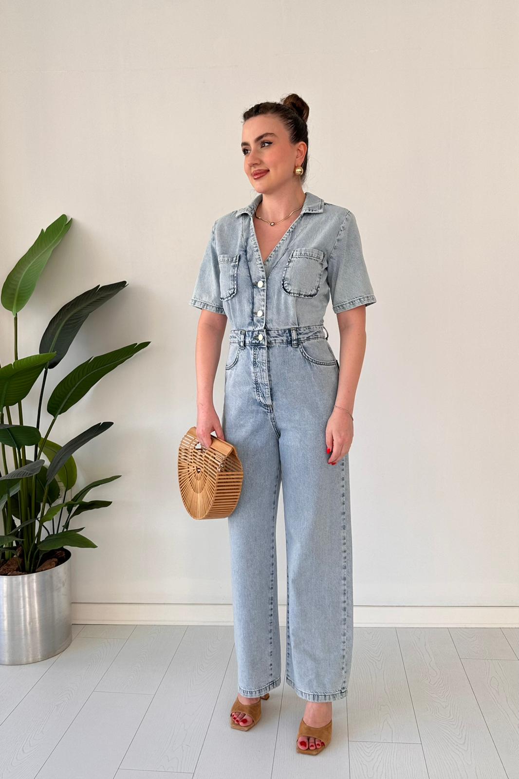V Yaka Denim Tulum - Mavi