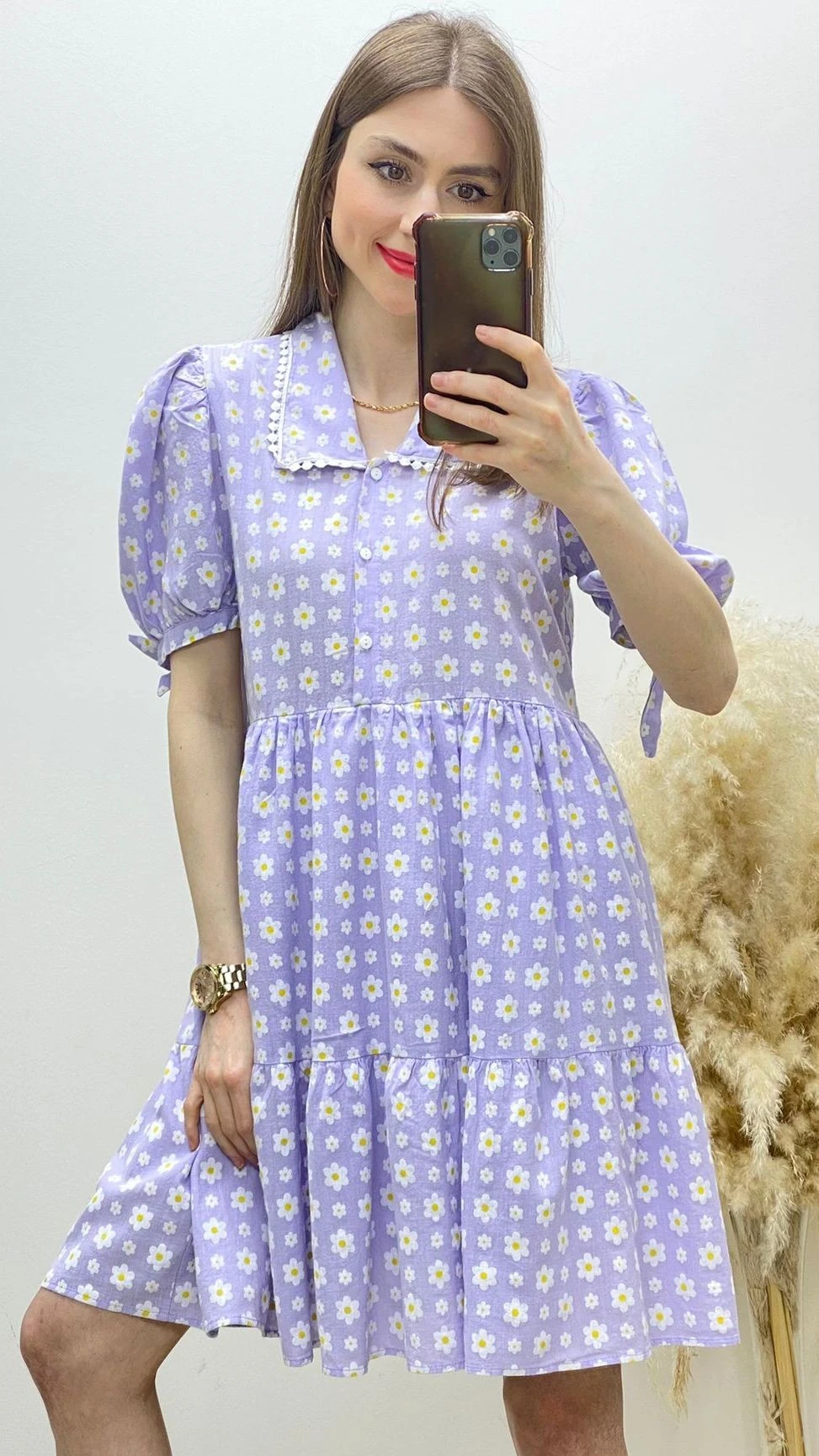 Yakalı Papatya Desen Elbise Lila