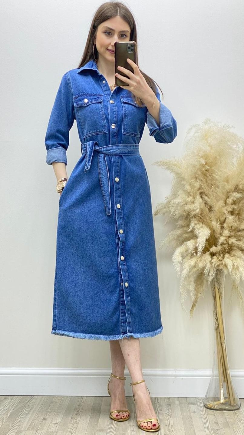 Çıtçıtlı Jean Elbise Mavi