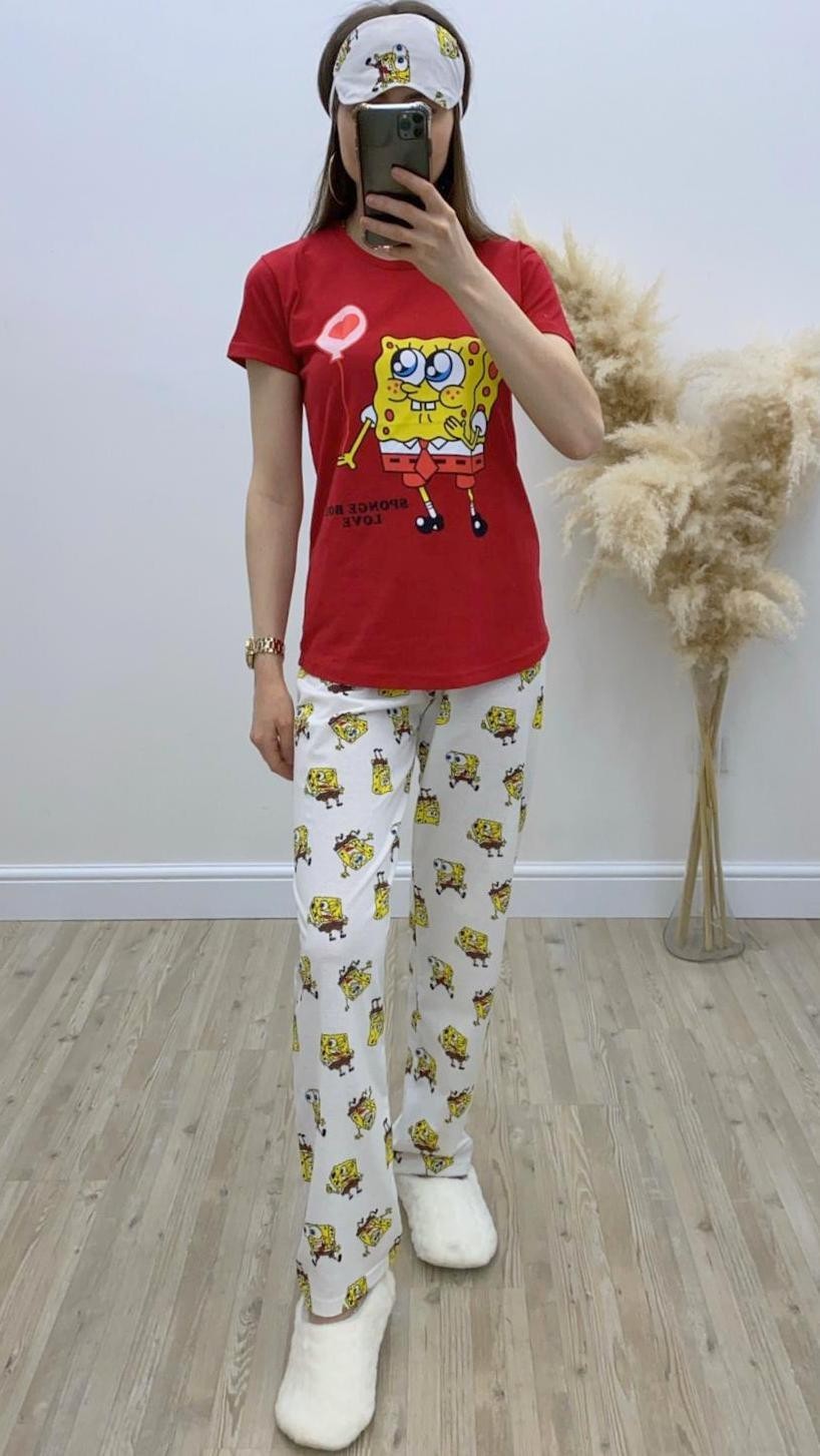 Sünger Bob Pijama Takımı Kırmızı-Beyaz