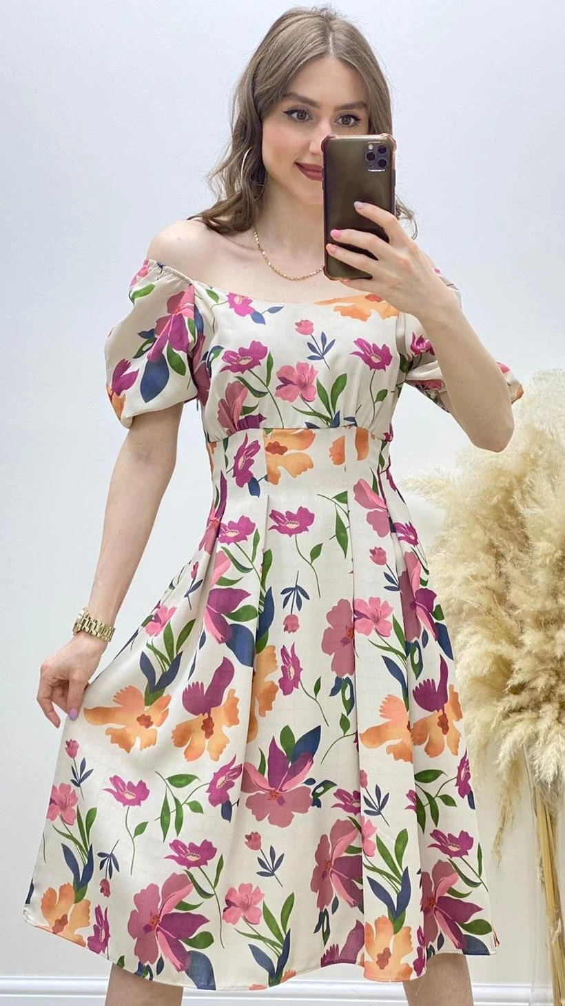 Amber Çiçekli Pileli Elbise Pembe